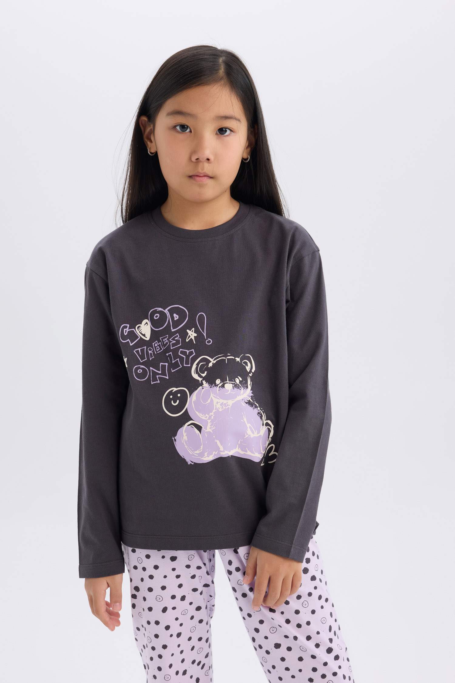 Kız Çocuk Pijama Takımı Baskılı Uzun Kollu Üst Beli Lastikli Desenli Uzun Alt