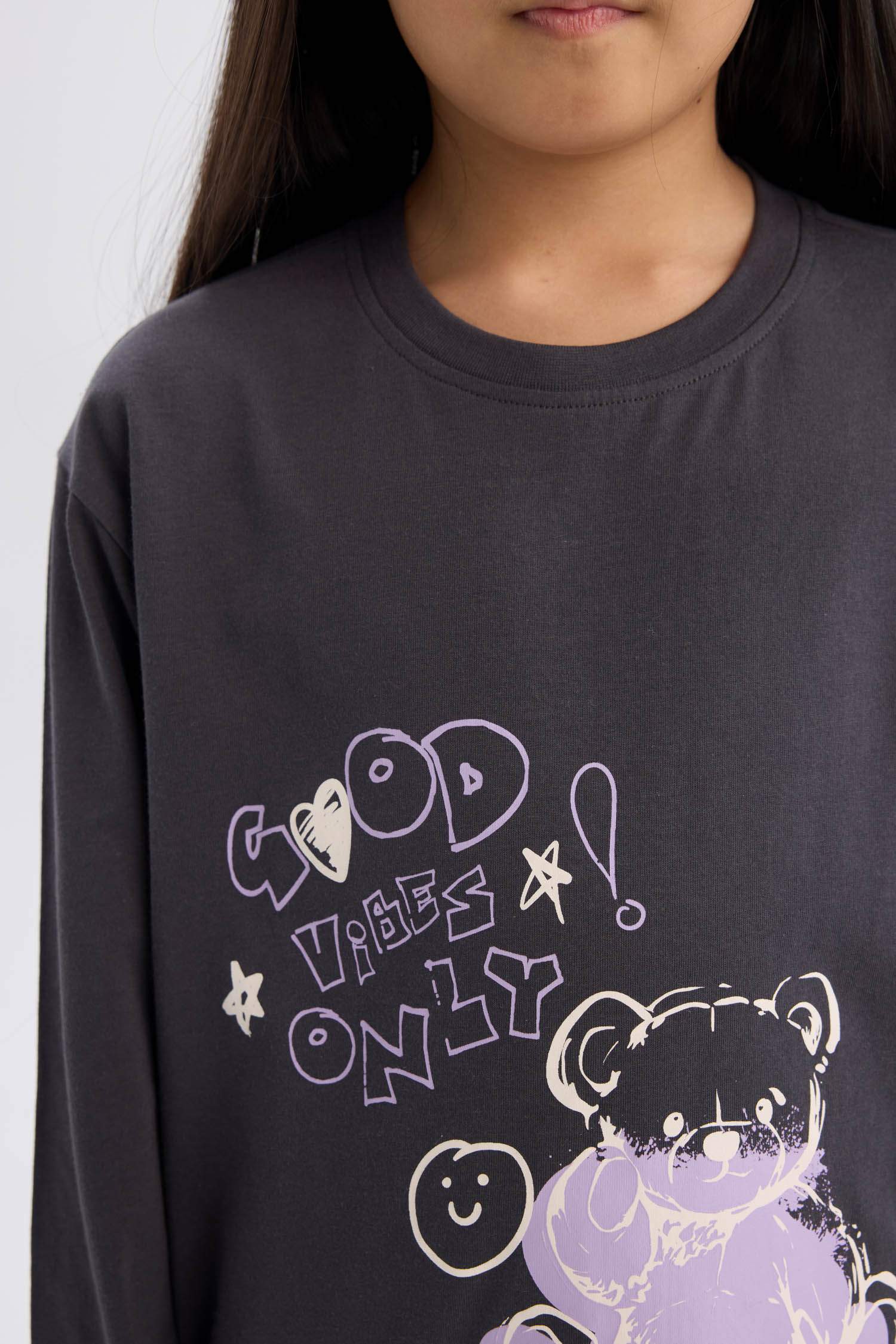 Kız Çocuk Pijama Takımı Baskılı Uzun Kollu Üst Beli Lastikli Desenli Uzun Alt