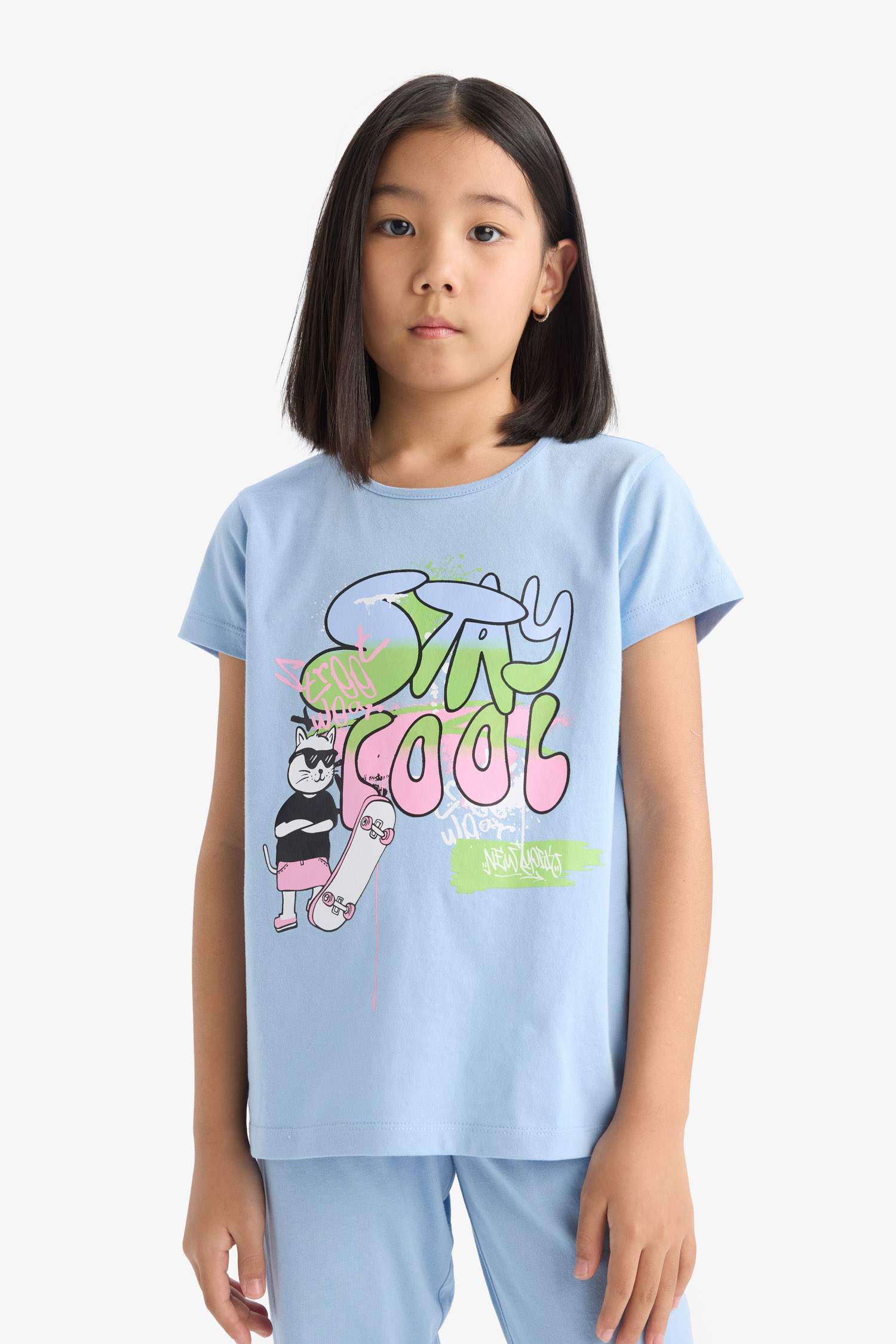 Kız Çocuk Pijama Takımı Kısa Kollu Baskılı Üst Beli Lastikli Uzun Alt