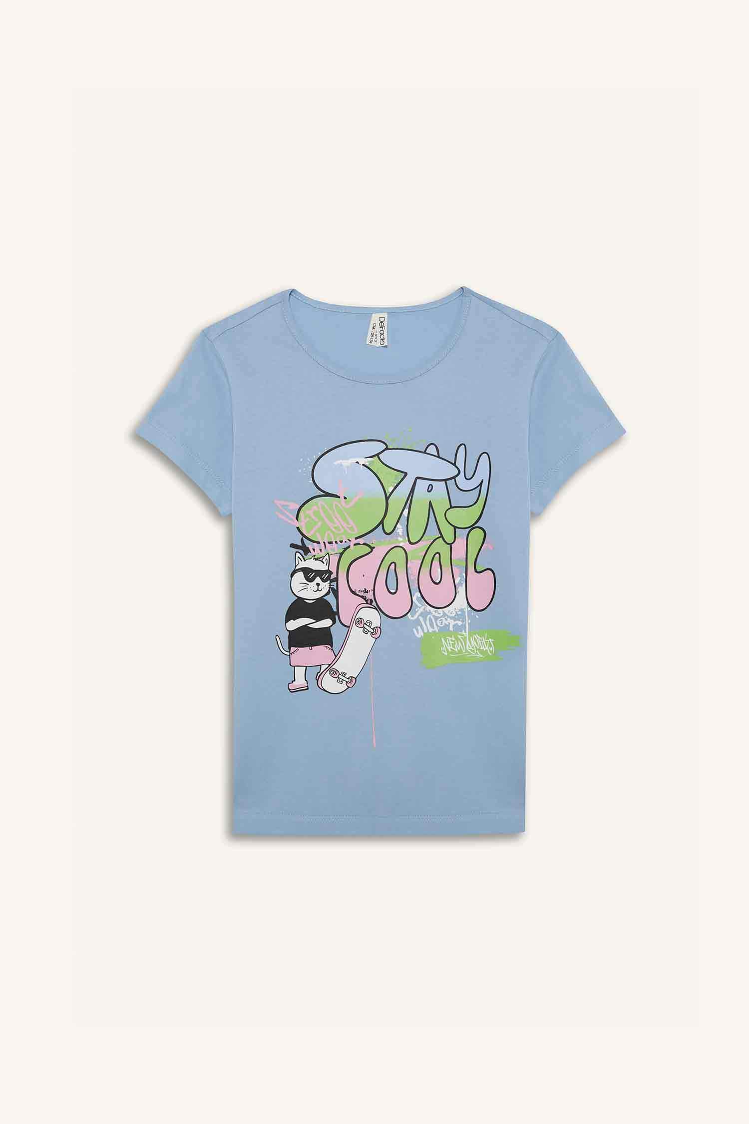 Kız Çocuk Pijama Takımı Kısa Kollu Baskılı Üst Beli Lastikli Uzun Alt