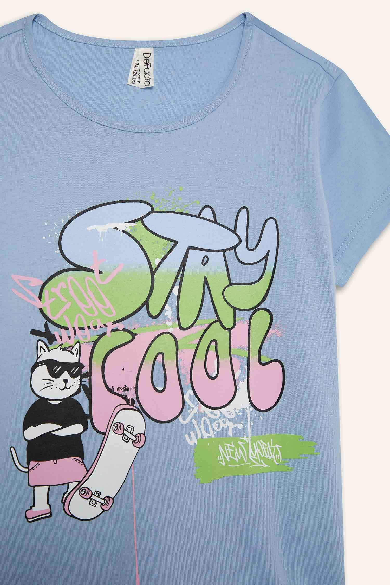 Kız Çocuk Pijama Takımı Kısa Kollu Baskılı Üst Beli Lastikli Uzun Alt