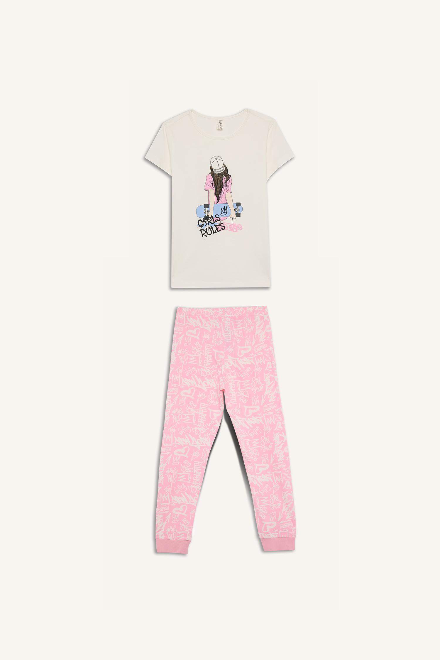 Пижама для девочек с принтом, с коротким рукавом и длинными брюками
