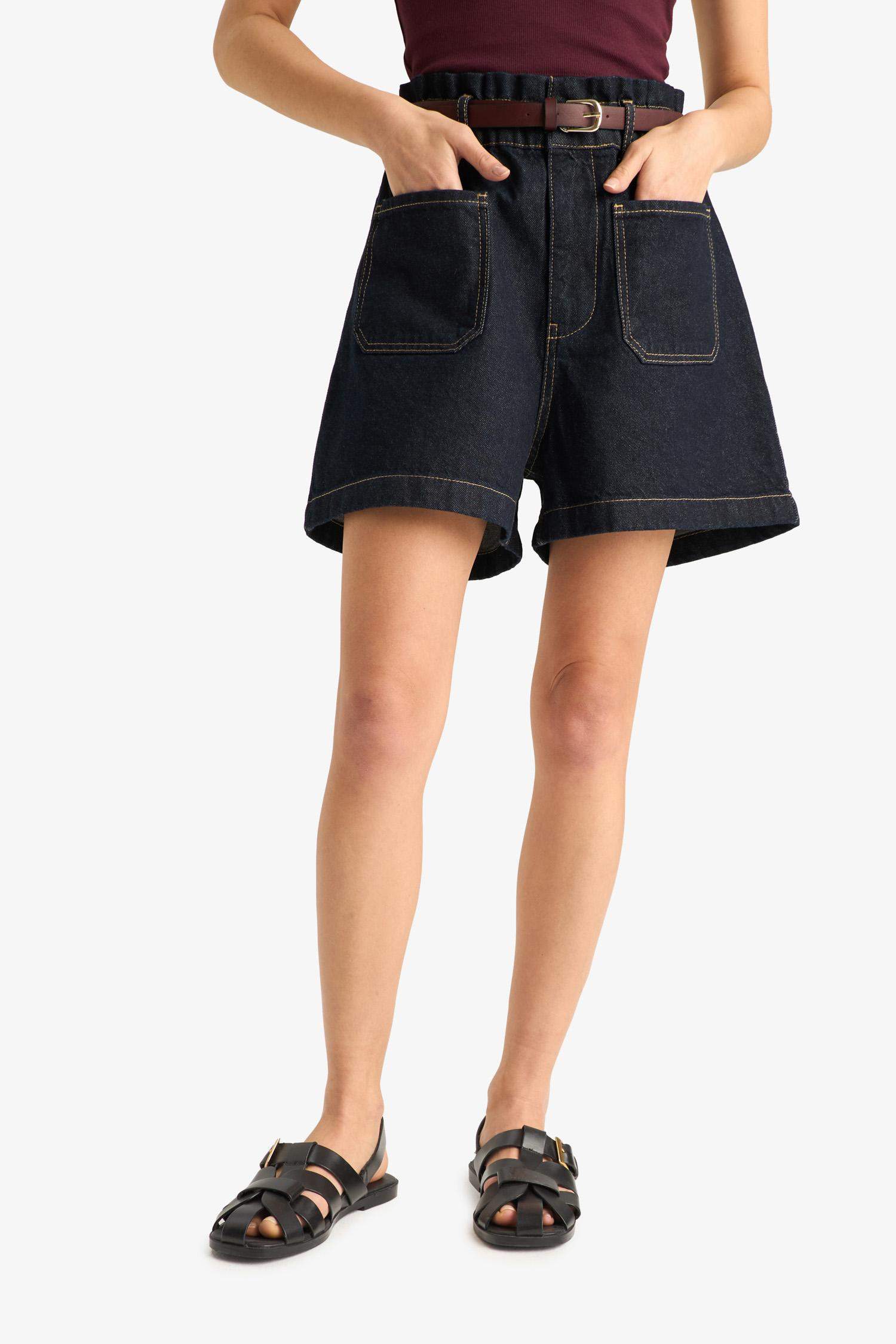 Short en jean taille haute froncé style paperbag