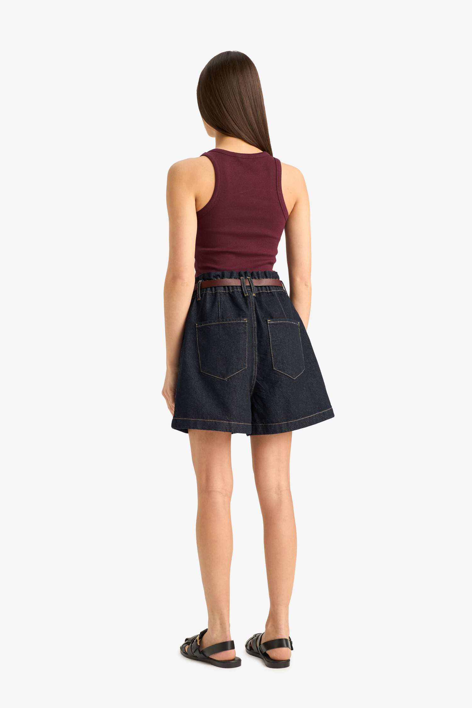 Short en jean taille haute froncé style paperbag