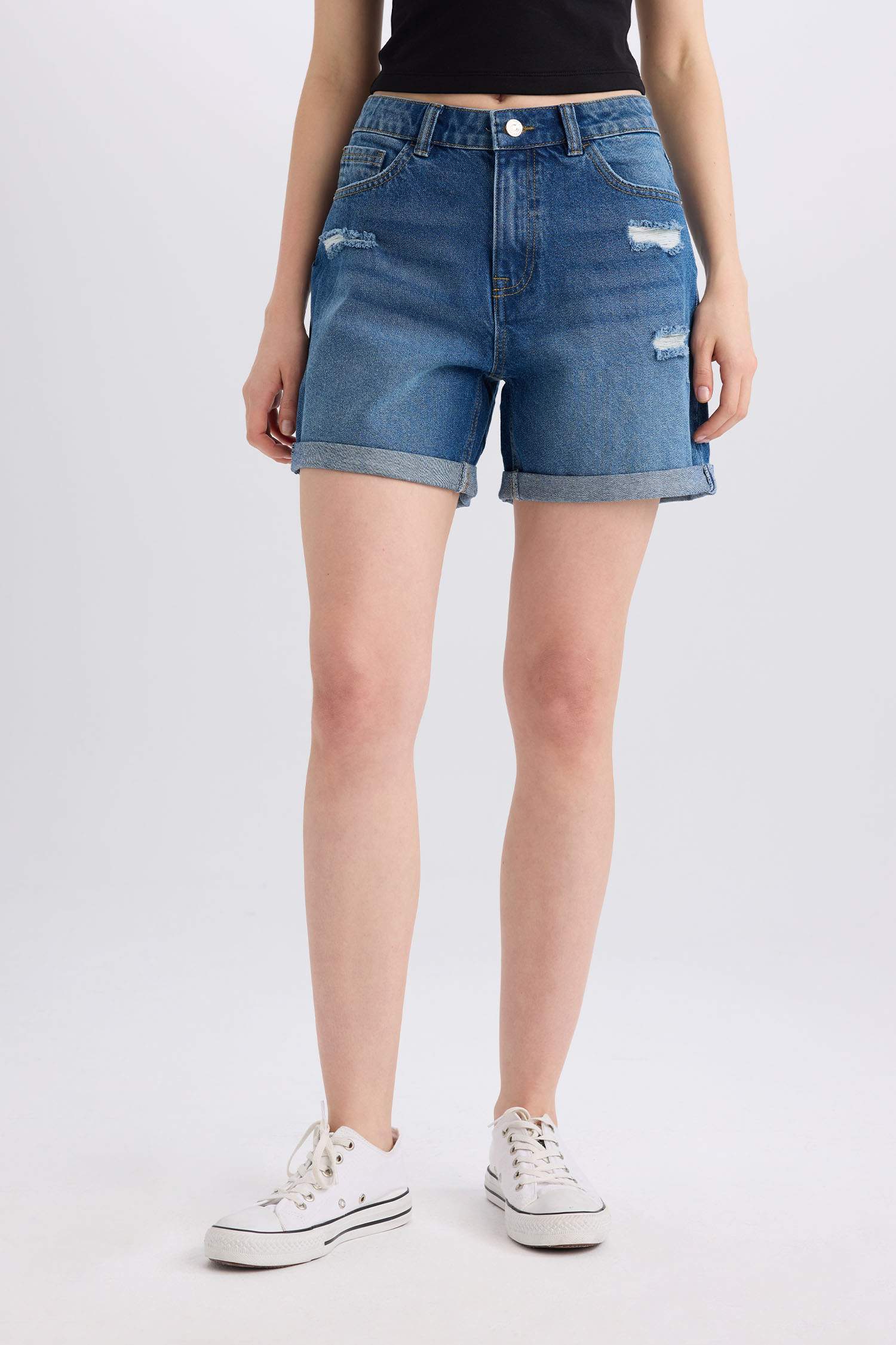 Boyfriend Yüksek Bel Katlamalı Paça Jean Şort