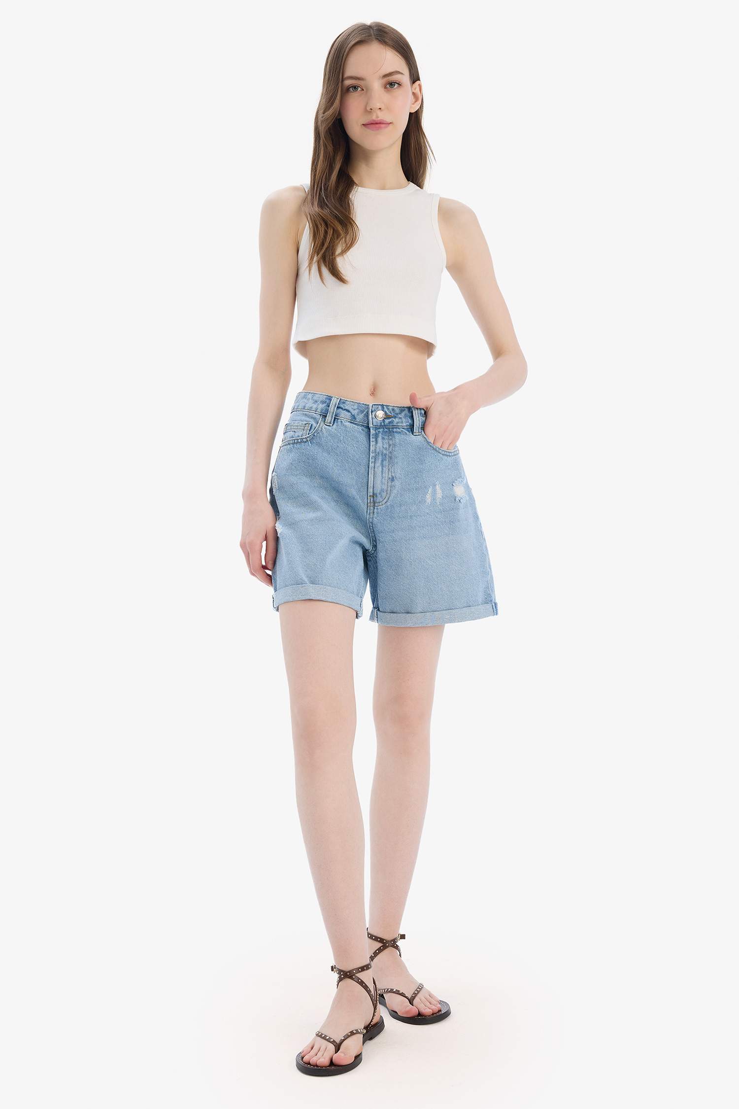 Boyfriend Высокая Посадка Подкатанные Джинсовые Шорты