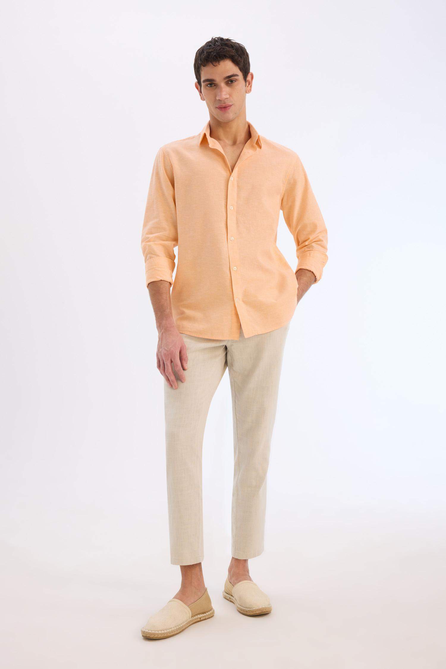 Regular Fit Polo Yaka Keten Karışımlı Yazlık Uzun Kollu Gömlek