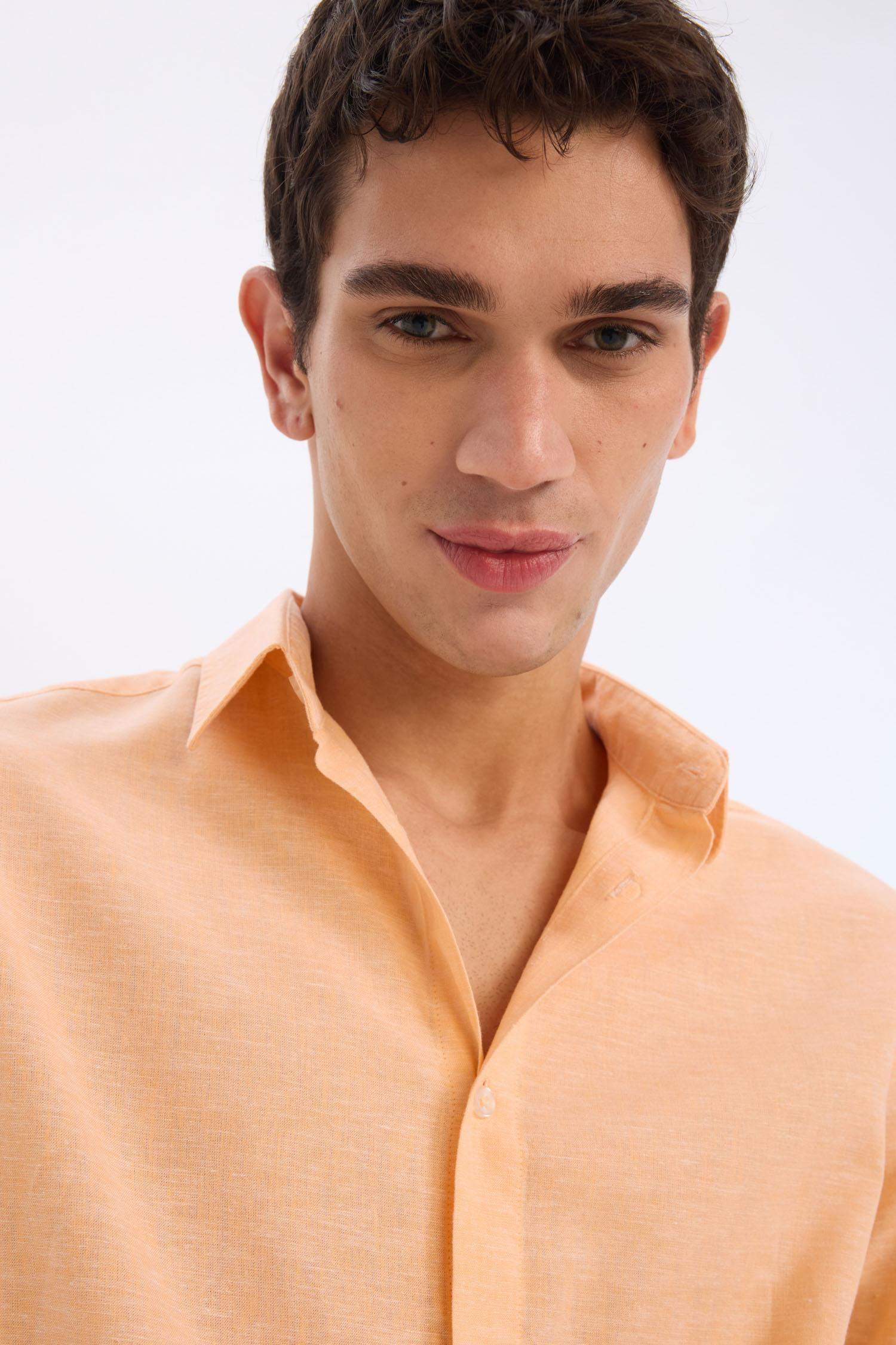 Regular Fit Polo Yaka Keten Karışımlı Yazlık Uzun Kollu Gömlek