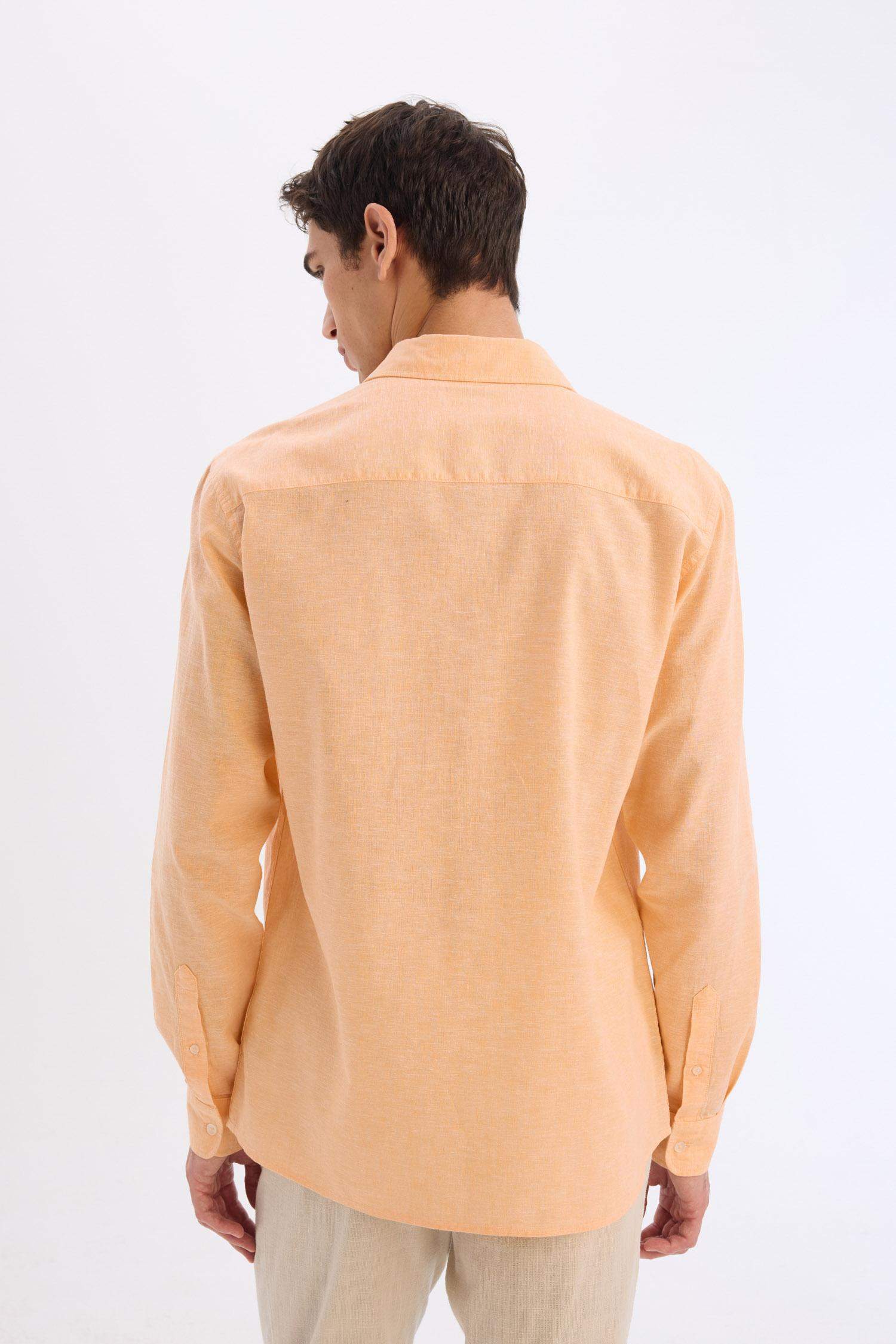 Regular Fit Polo Yaka Keten Karışımlı Yazlık Uzun Kollu Gömlek