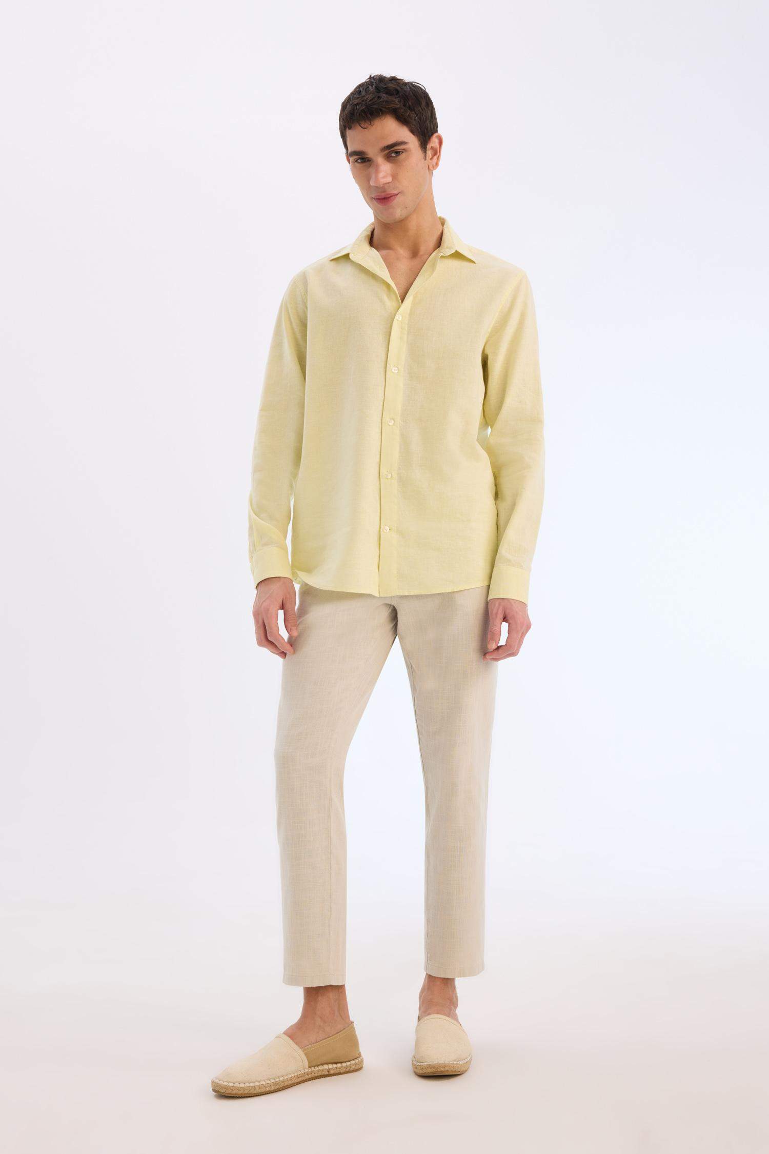 Regular Fit Polo Yaka Keten Karışımlı Yazlık Uzun Kollu Gömlek