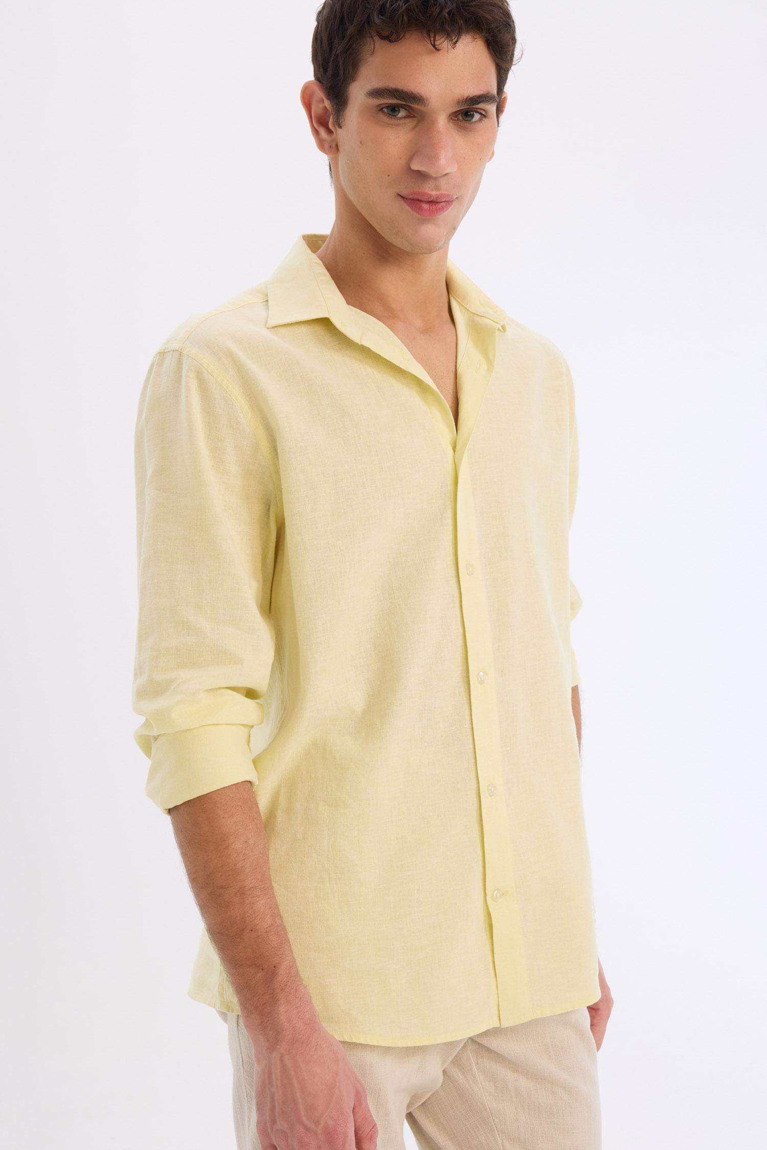 Regular Fit Polo Yaka Keten Karışımlı Yazlık Uzun Kollu Gömlek