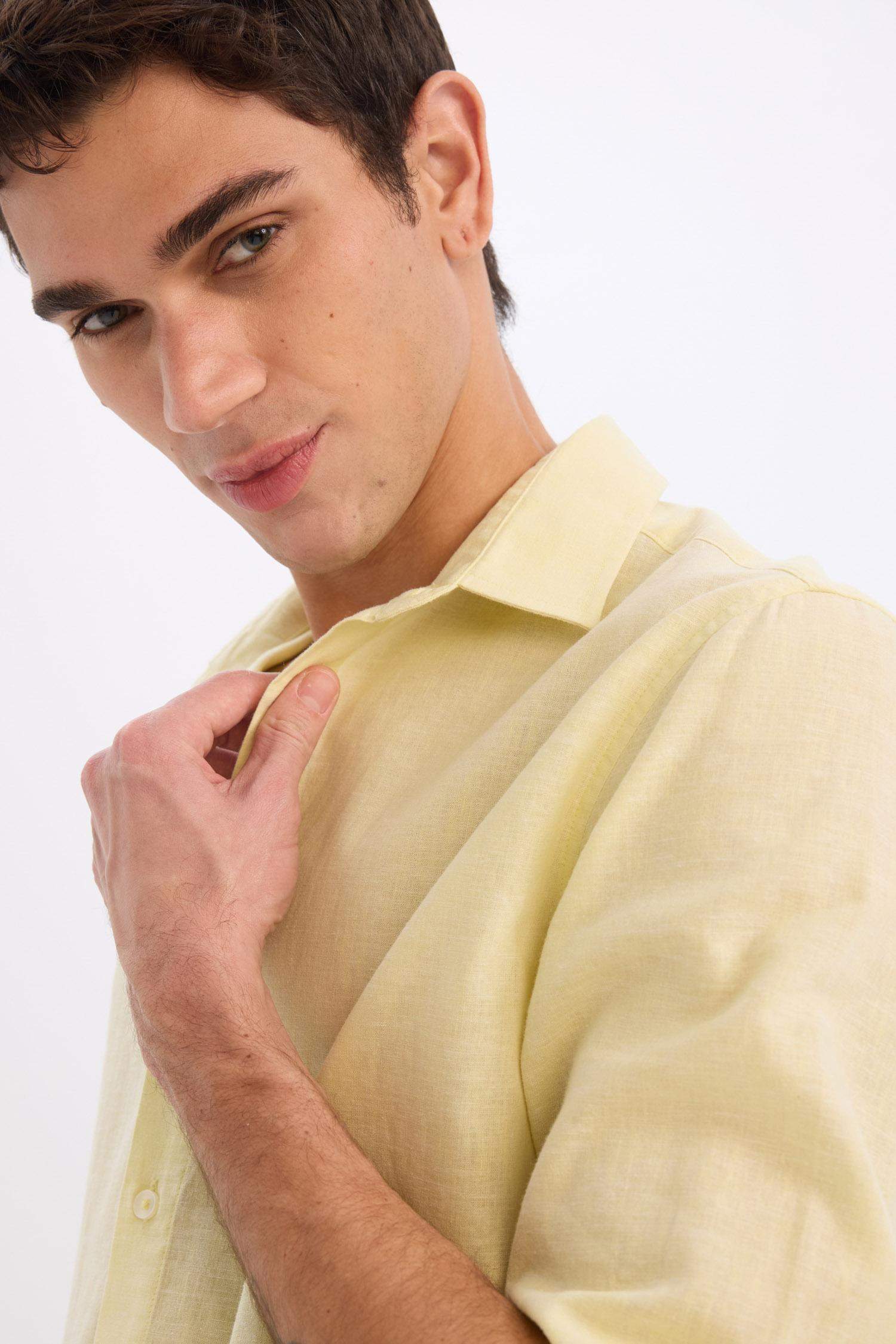 Regular Fit Polo Yaka Keten Karışımlı Yazlık Uzun Kollu Gömlek