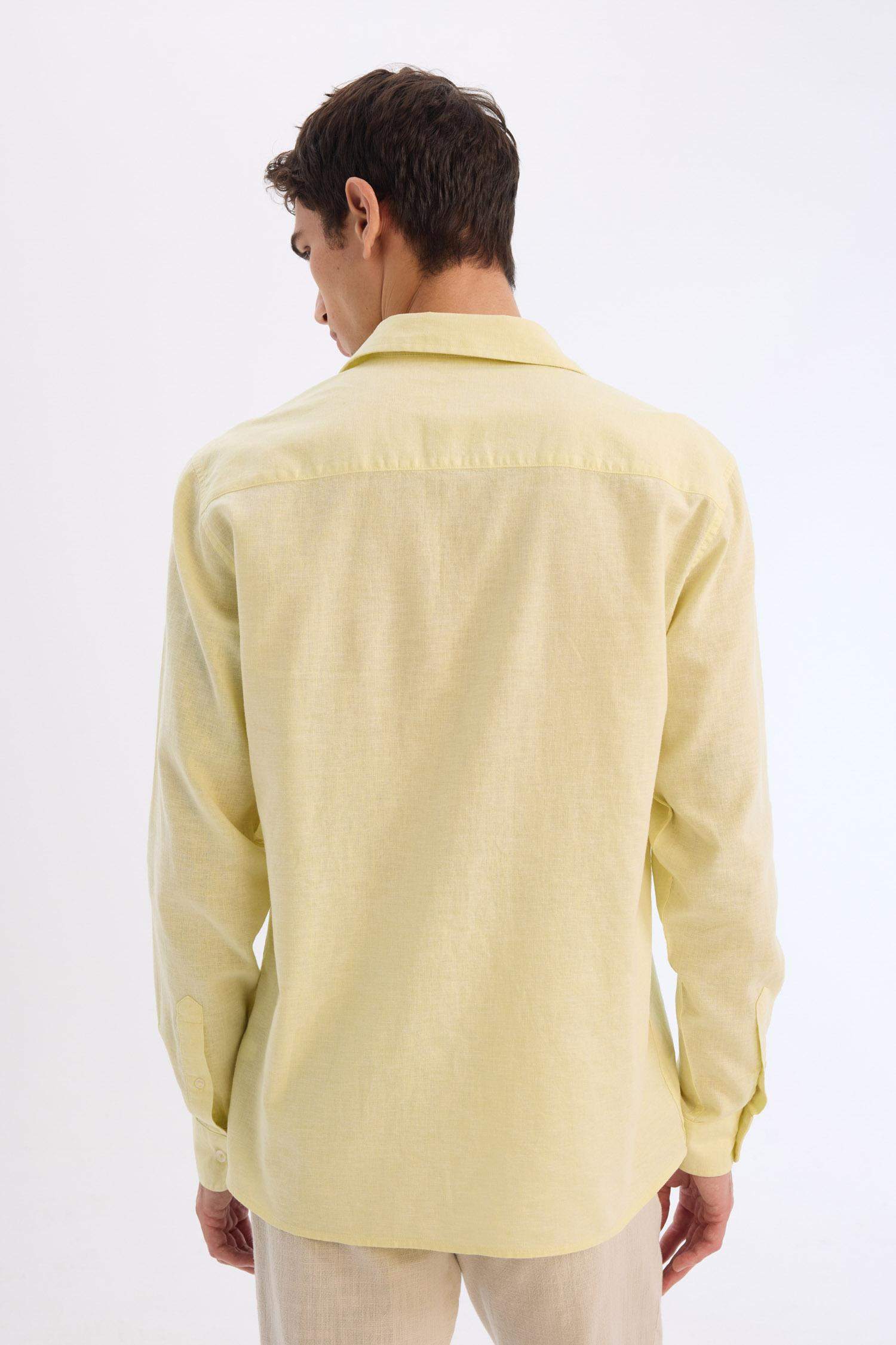 Regular Fit Polo Yaka Keten Karışımlı Yazlık Uzun Kollu Gömlek