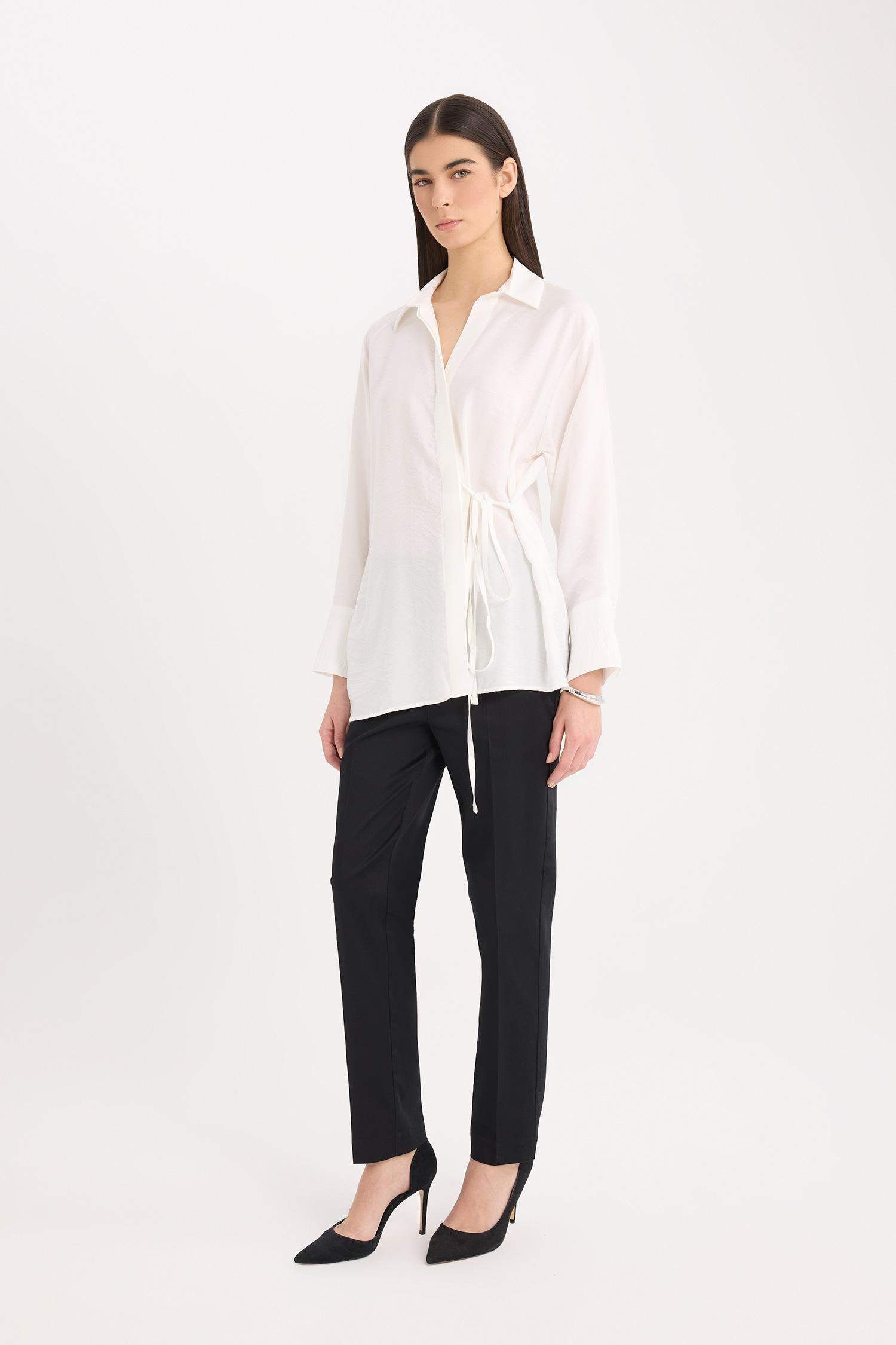 Oversize Geniş Kalıp Bağlamalı Uzun Kollu Gömlek