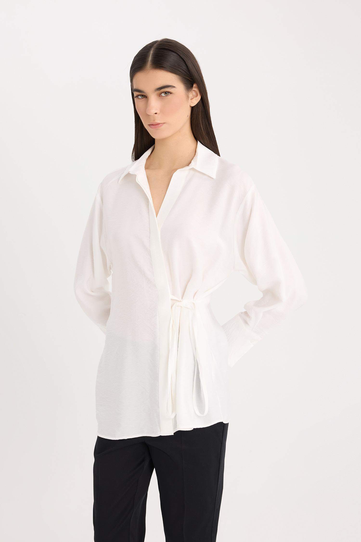 Oversize Geniş Kalıp Bağlamalı Uzun Kollu Gömlek