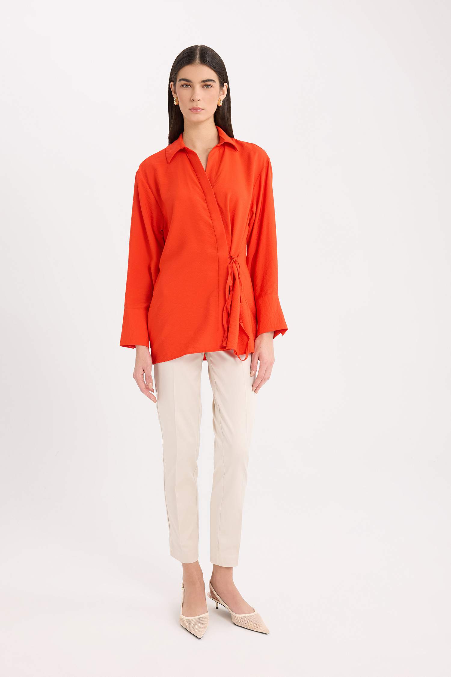 Oversize Geniş Kalıp Bağlamalı Uzun Kollu Kırmızı Gömlek