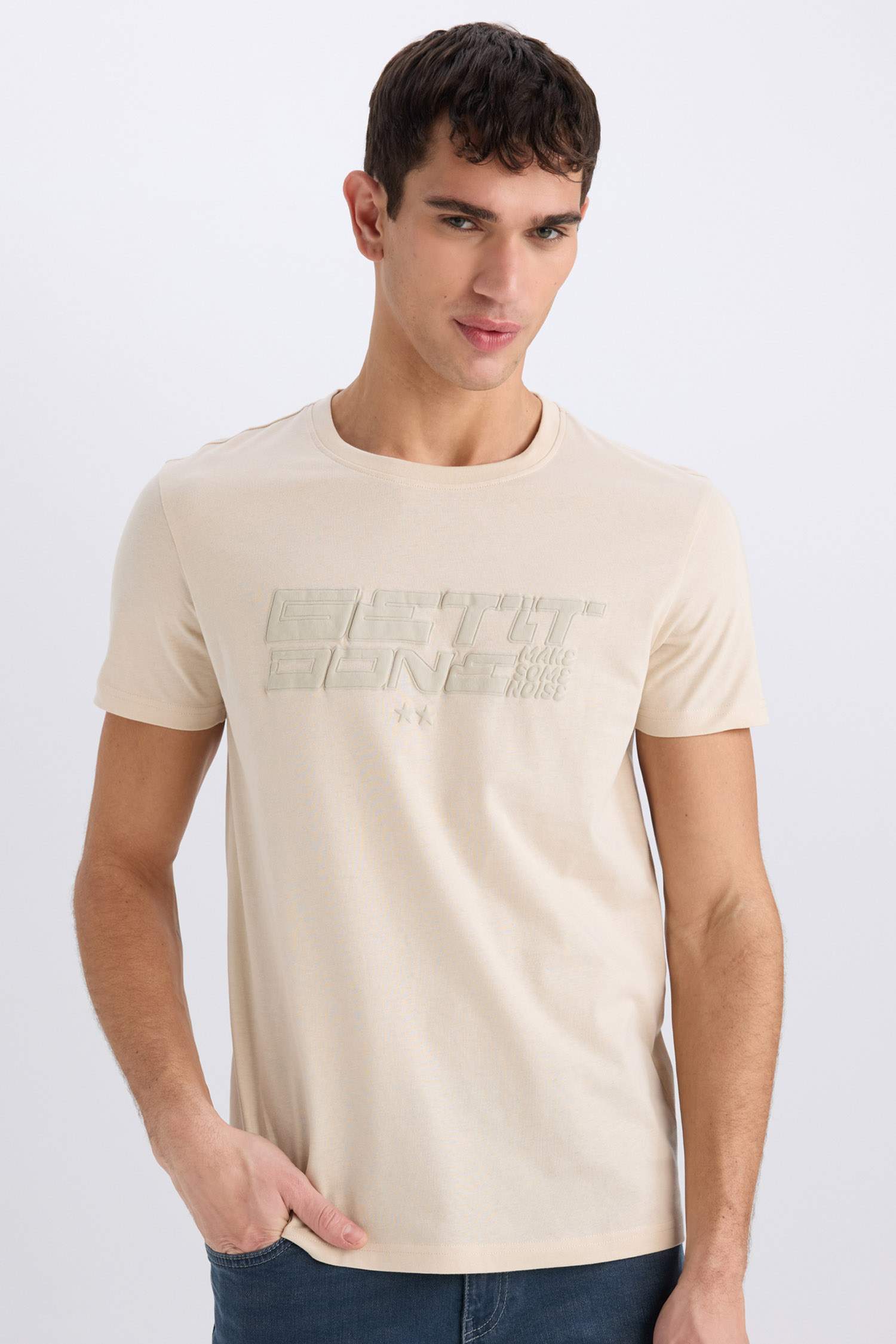 T-shirt slim en coton imprimé à col rond et manches courtes