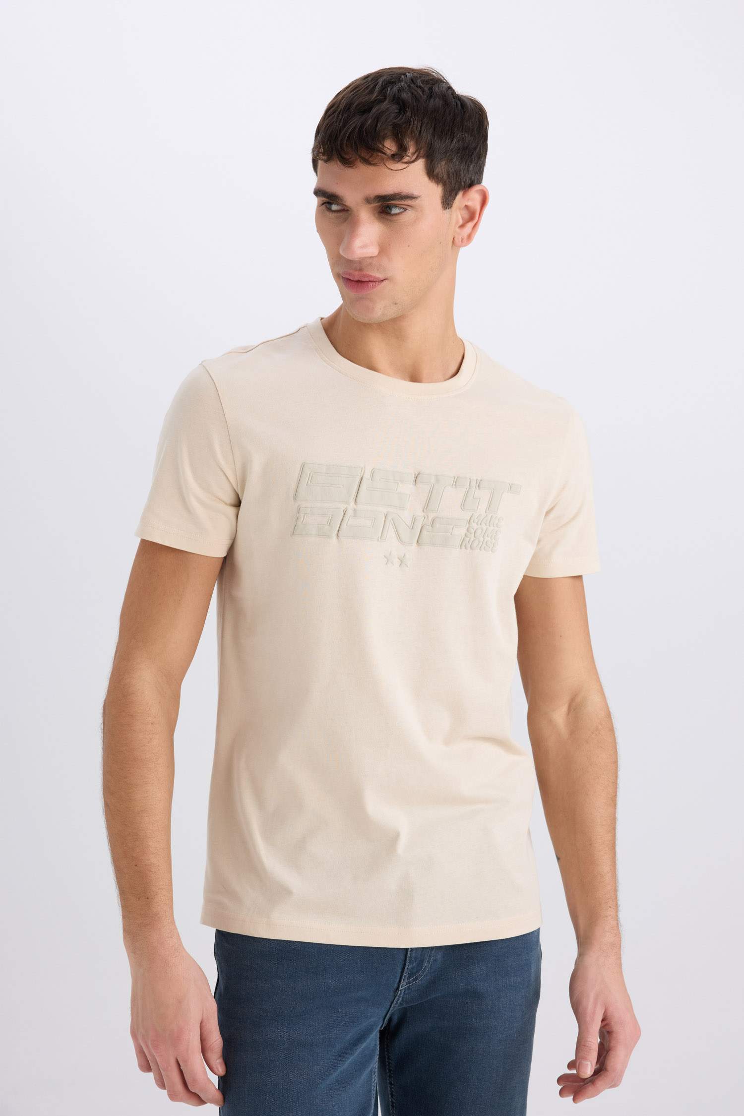 T-shirt slim en coton imprimé à col rond et manches courtes