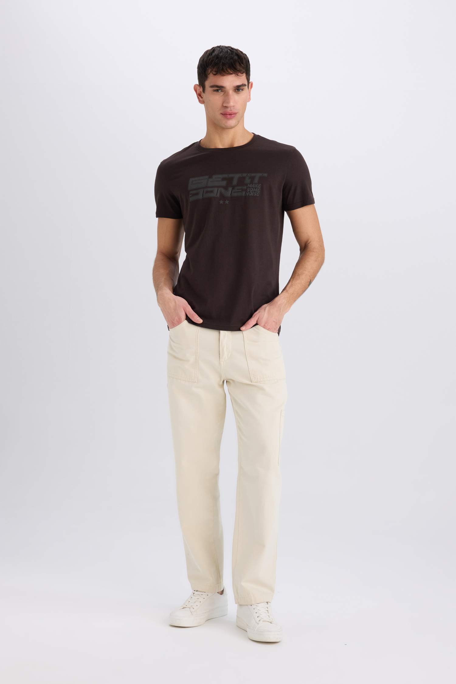 %100 Pamuk Slim Fit Dar Kesim Bisiklet Yaka Baskılı Kısa Kollu Tişört