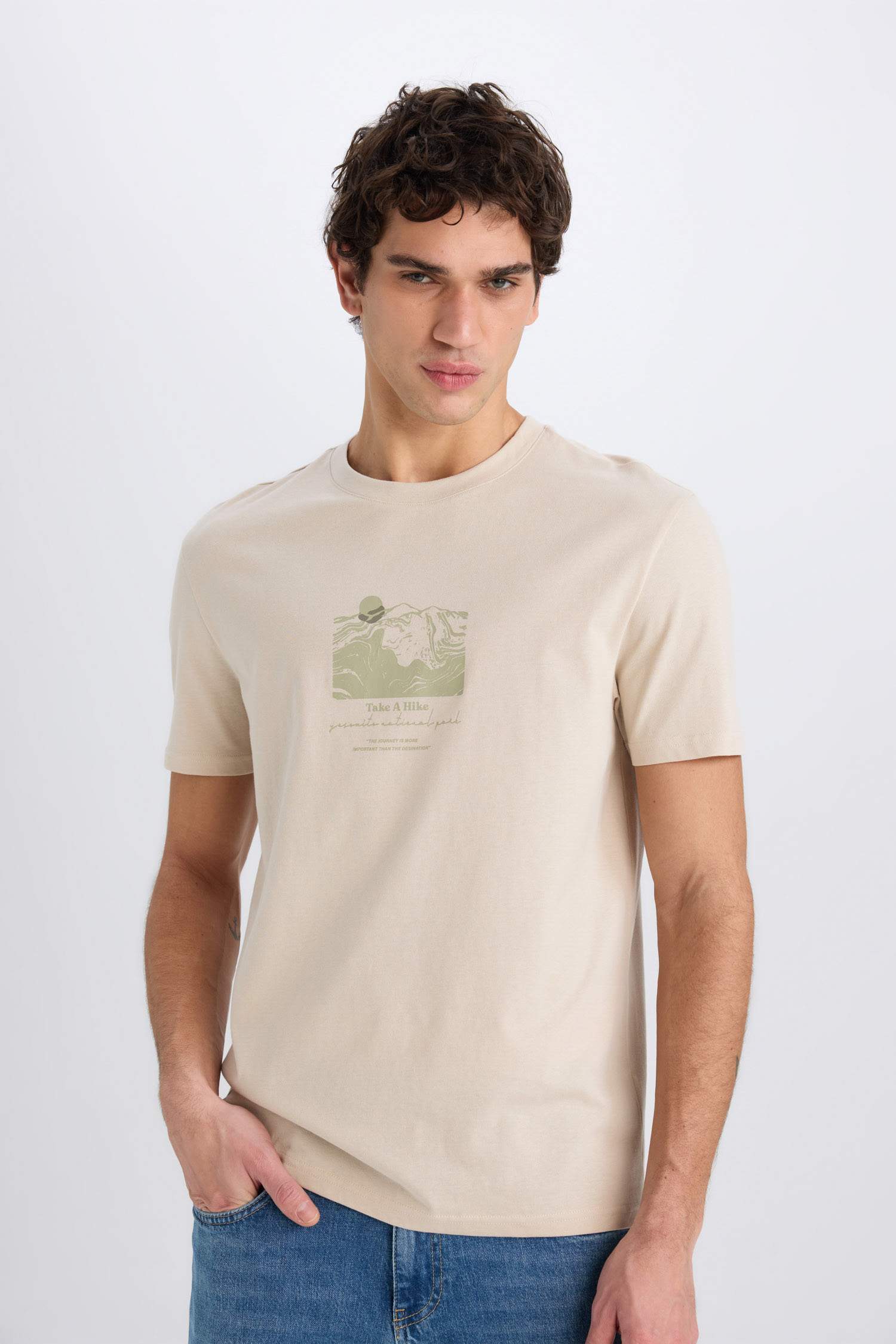 %100 Pamuk Regular Fit Bisiklet Yaka Baskılı Kısa Kollu Tişört