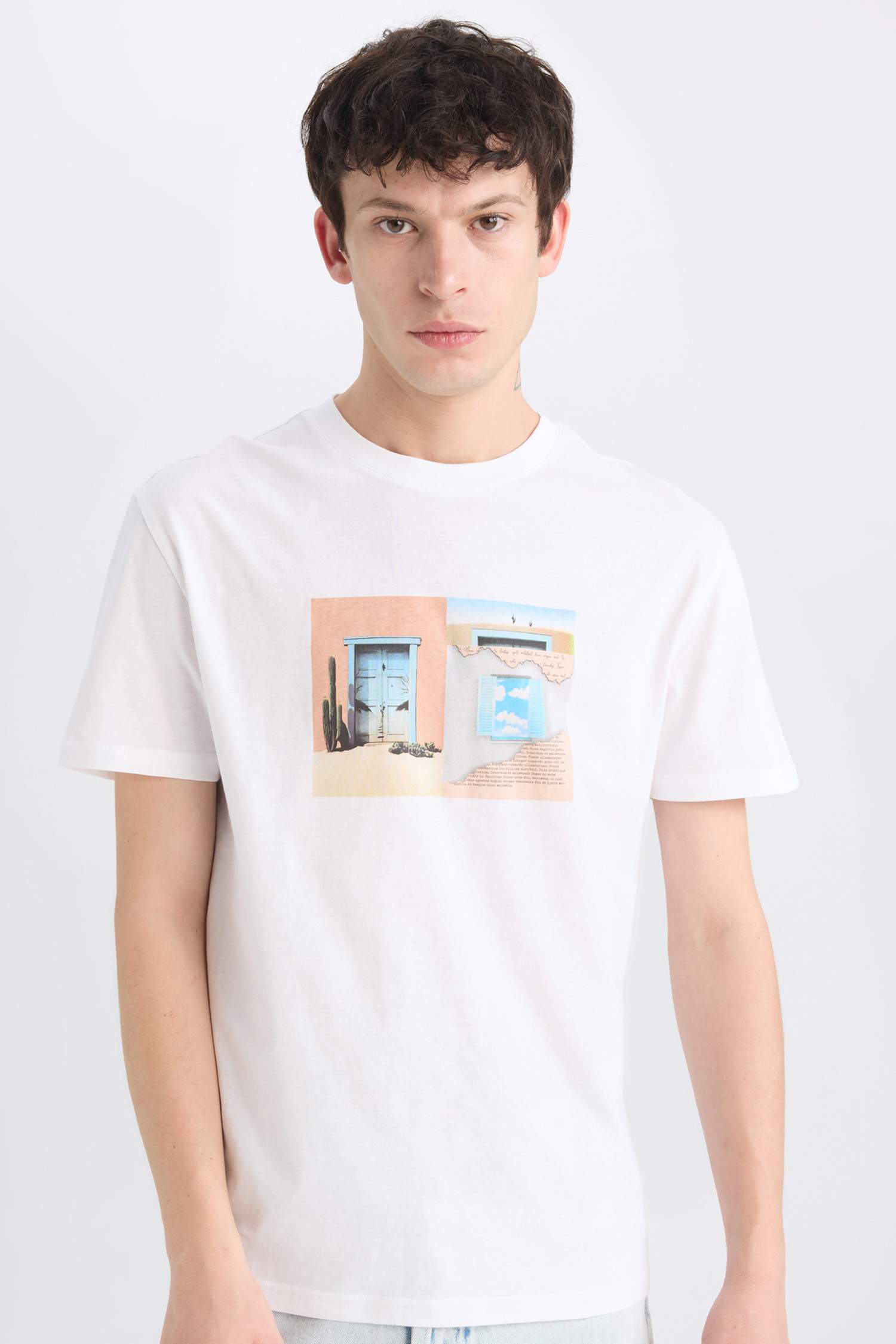 %100 Pamuk Regular Fit Bisiklet Yaka Baskılı Kısa Kollu Tişört