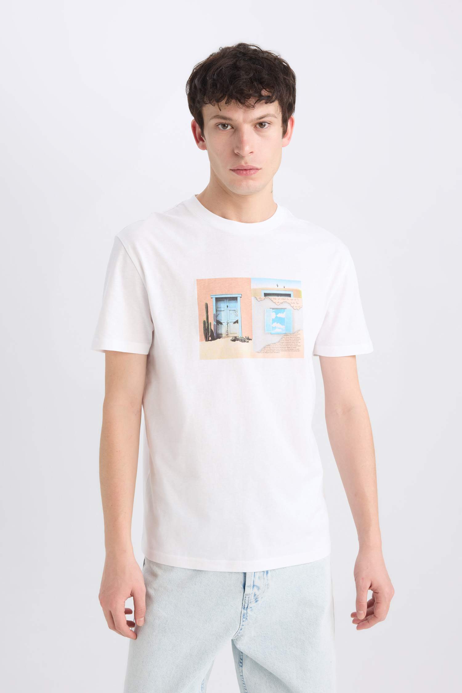 %100 Pamuk Regular Fit Bisiklet Yaka Baskılı Kısa Kollu Tişört