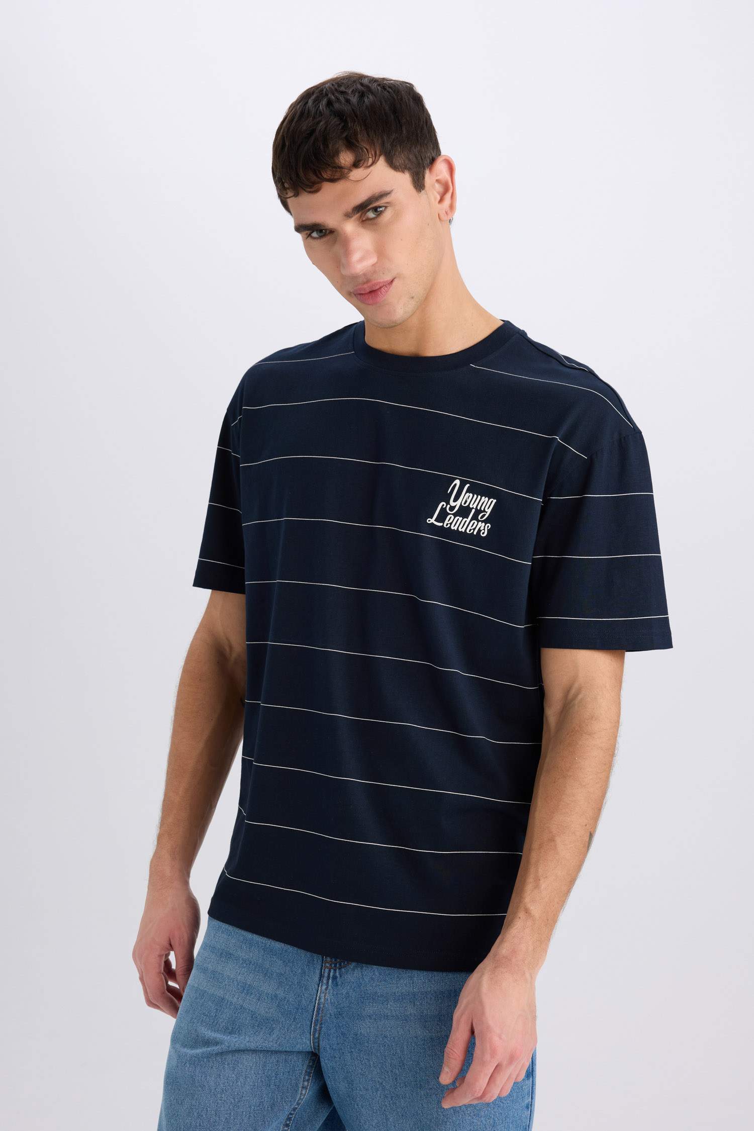 %100 Pamuk Boxy Fit Bisiklet Yaka Baskılı Kısa Kollu Tişört