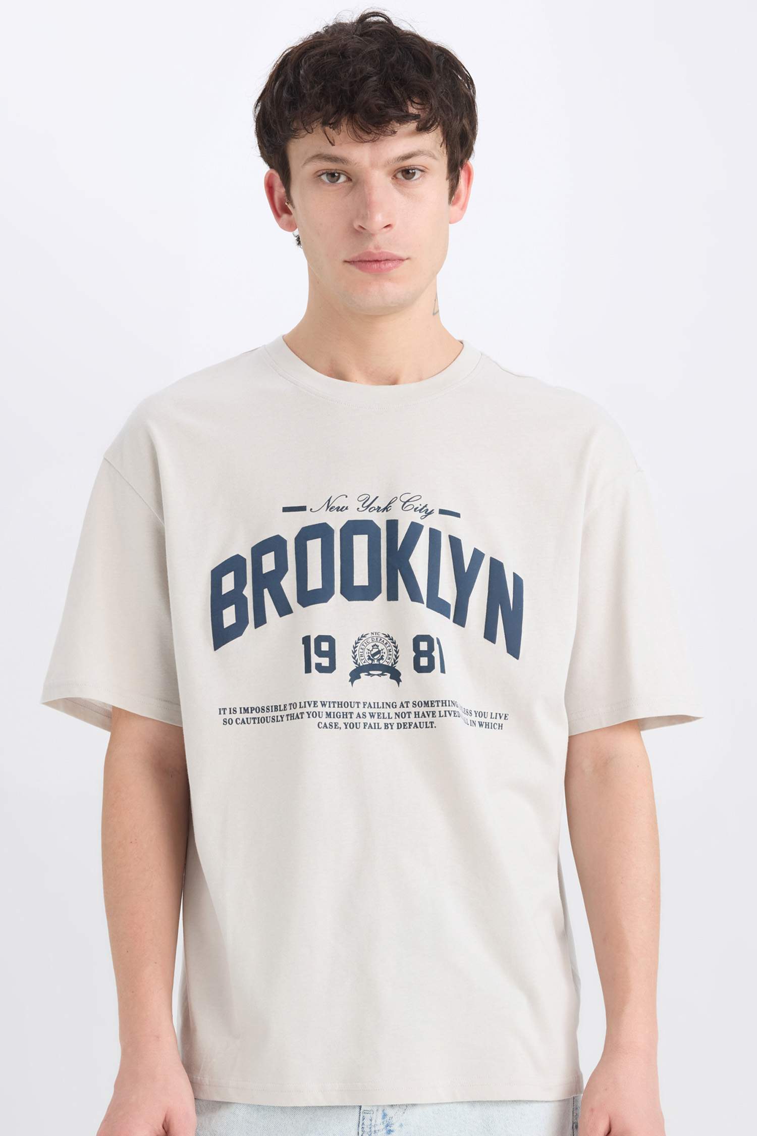 %100 Pamuk Boxy Fit Bisiklet Yaka Baskılı Kısa Kollu Tişört