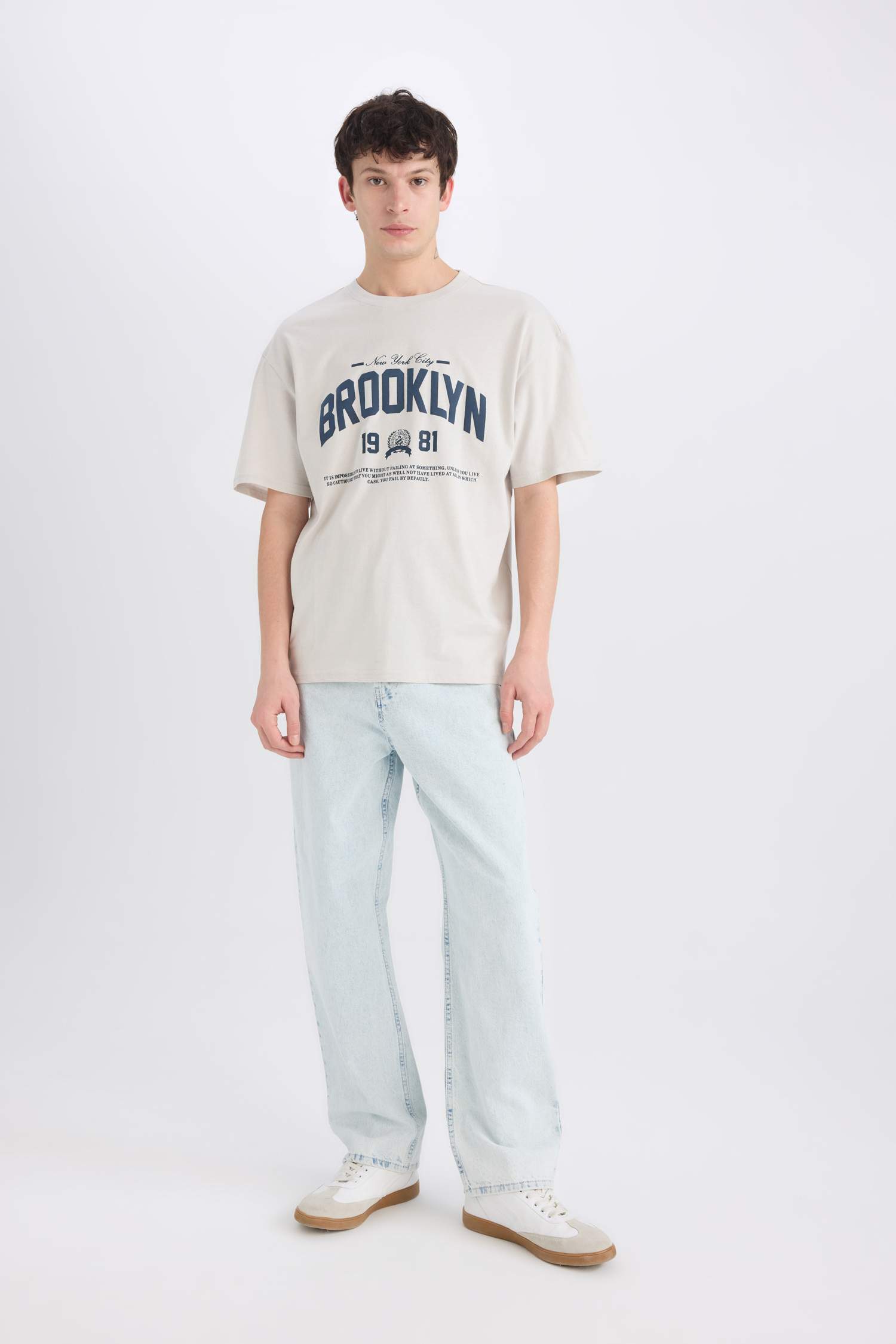 %100 Pamuk Boxy Fit Bisiklet Yaka Baskılı Kısa Kollu Tişört