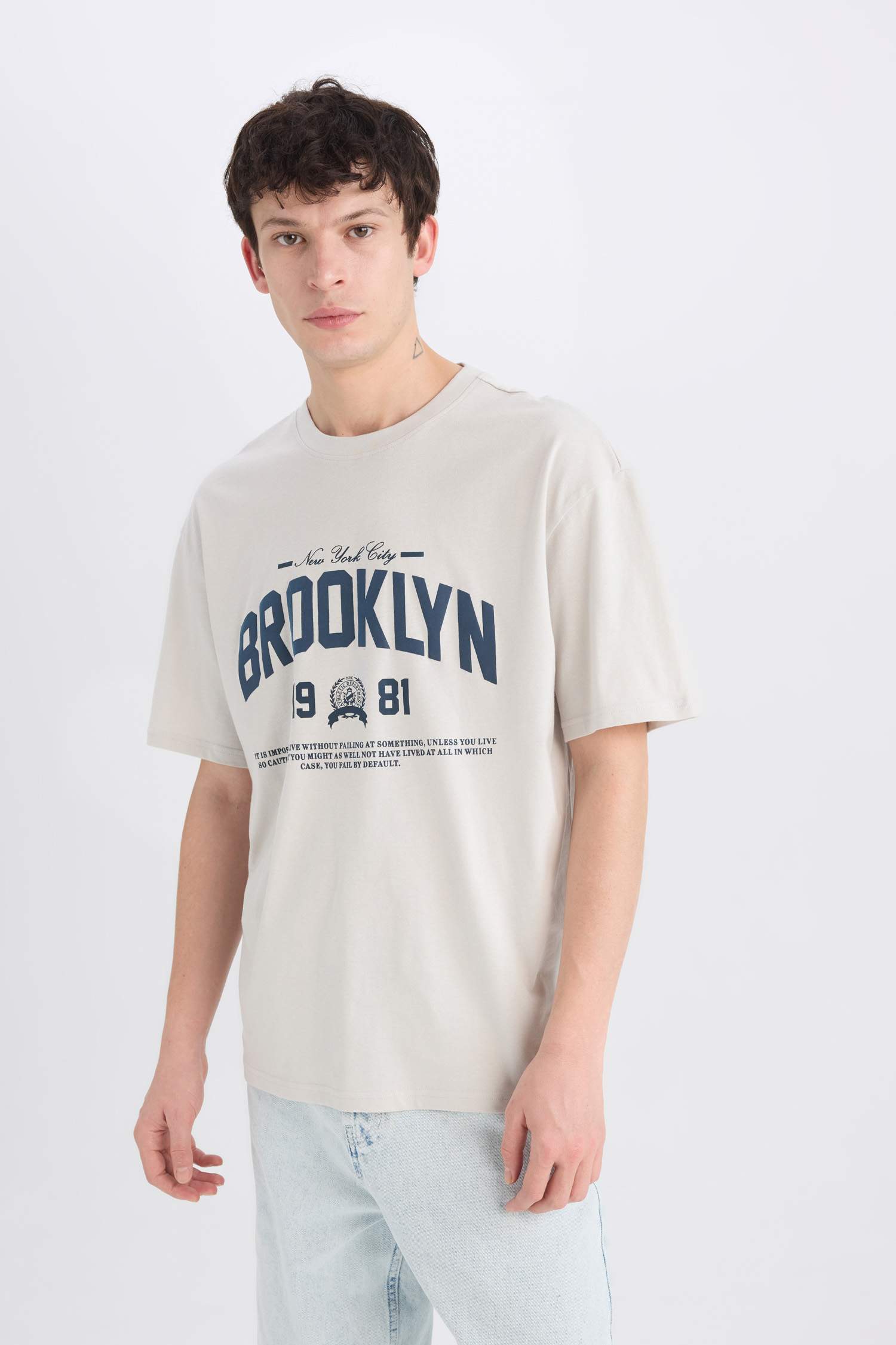 %100 Pamuk Boxy Fit Bisiklet Yaka Baskılı Kısa Kollu Tişört