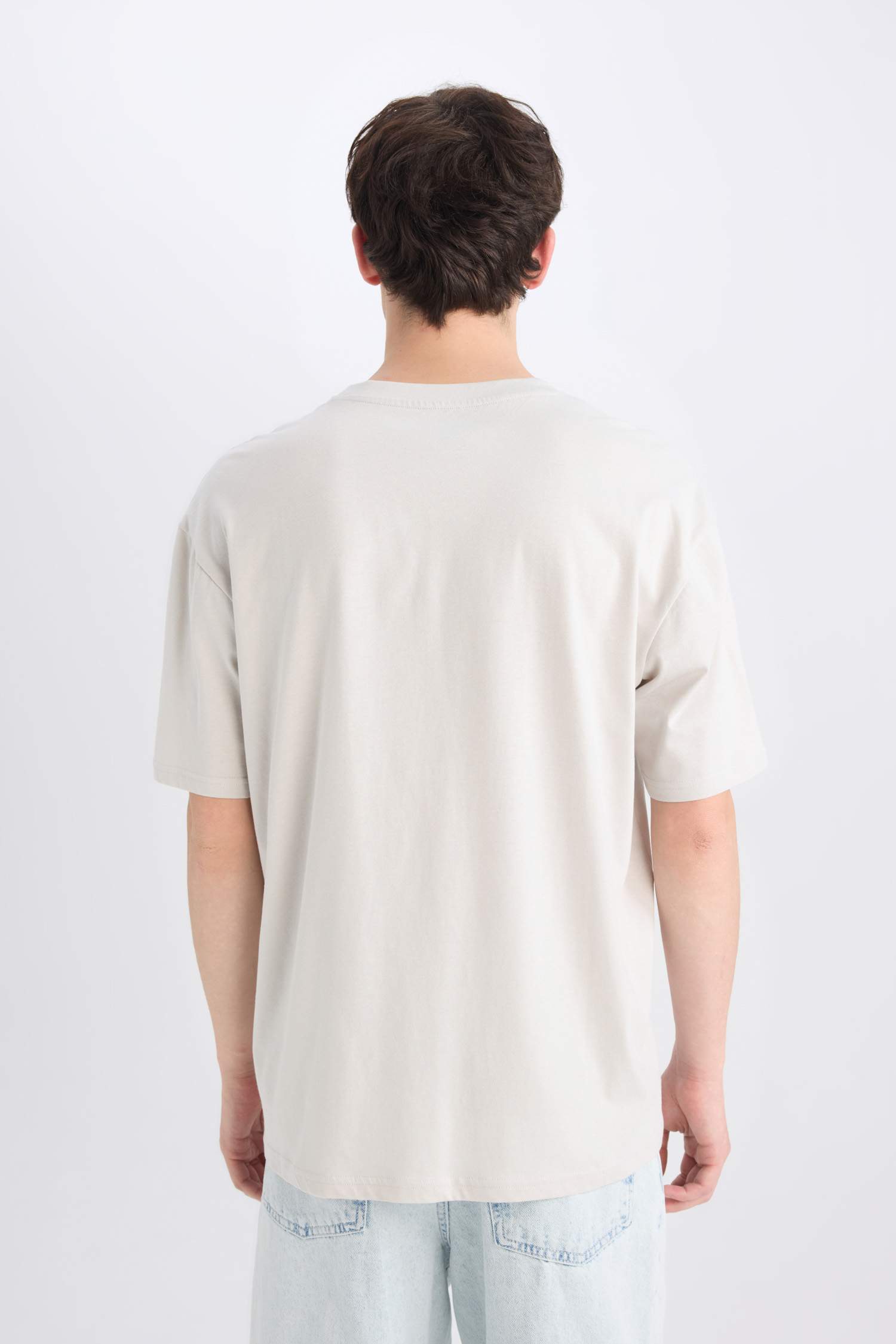 %100 Pamuk Boxy Fit Bisiklet Yaka Baskılı Kısa Kollu Tişört