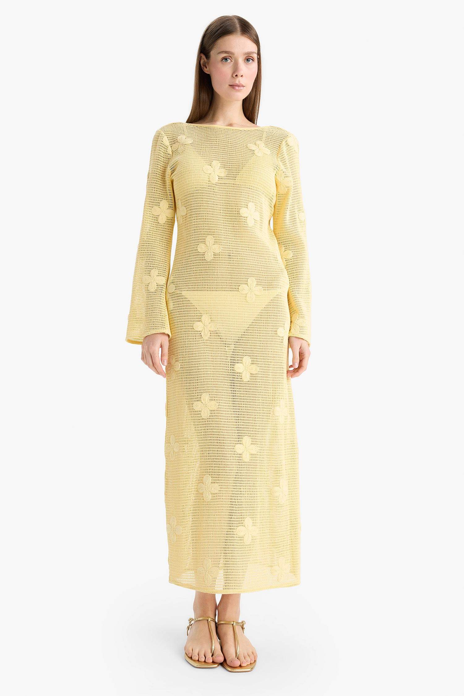 Regular Fit Uzun Kollu Dantelli Maxi Plaj Elbisesi-Fall in Love