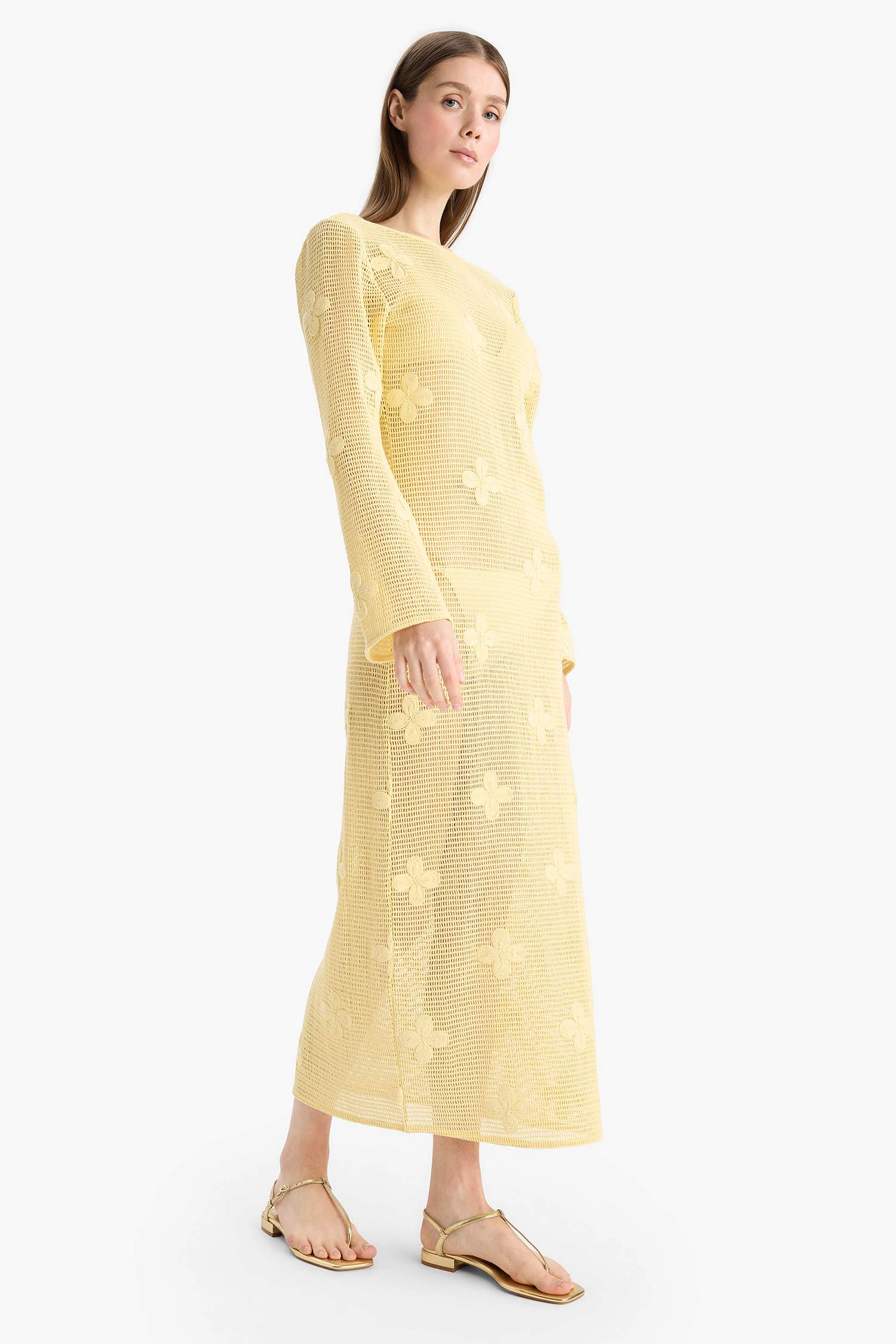 Regular Fit Uzun Kollu Dantelli Maxi Plaj Elbisesi-Fall in Love