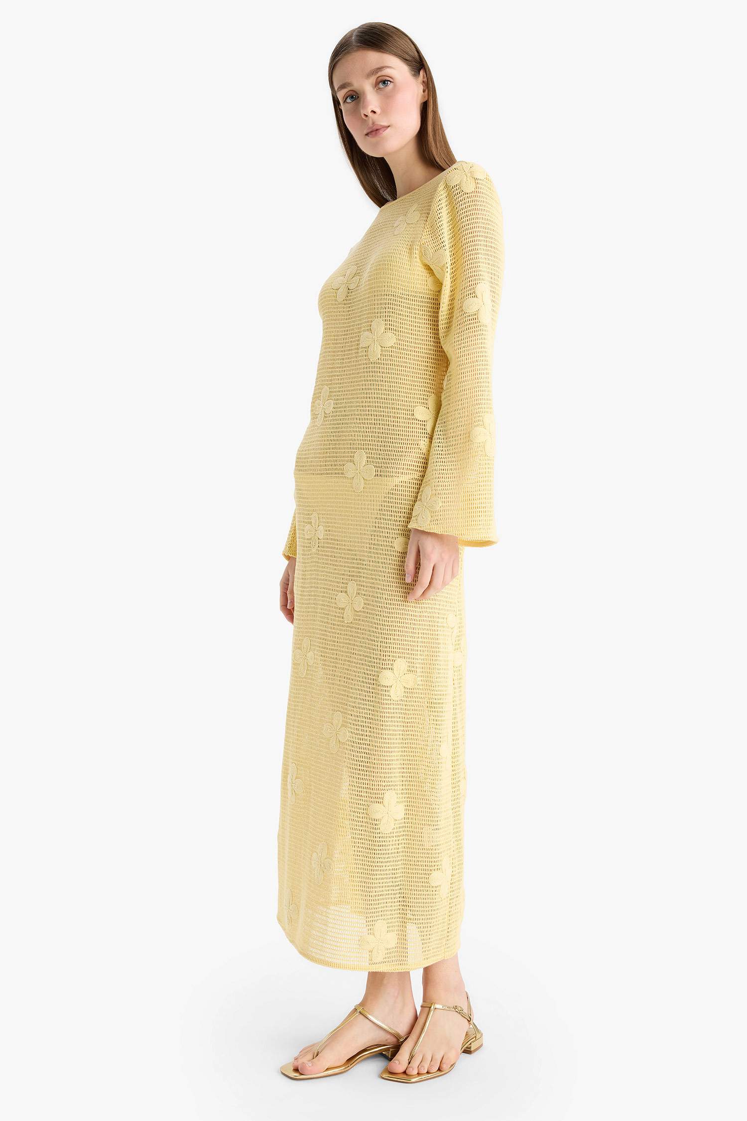 Regular Fit Uzun Kollu Dantelli Maxi Plaj Elbisesi-Fall in Love