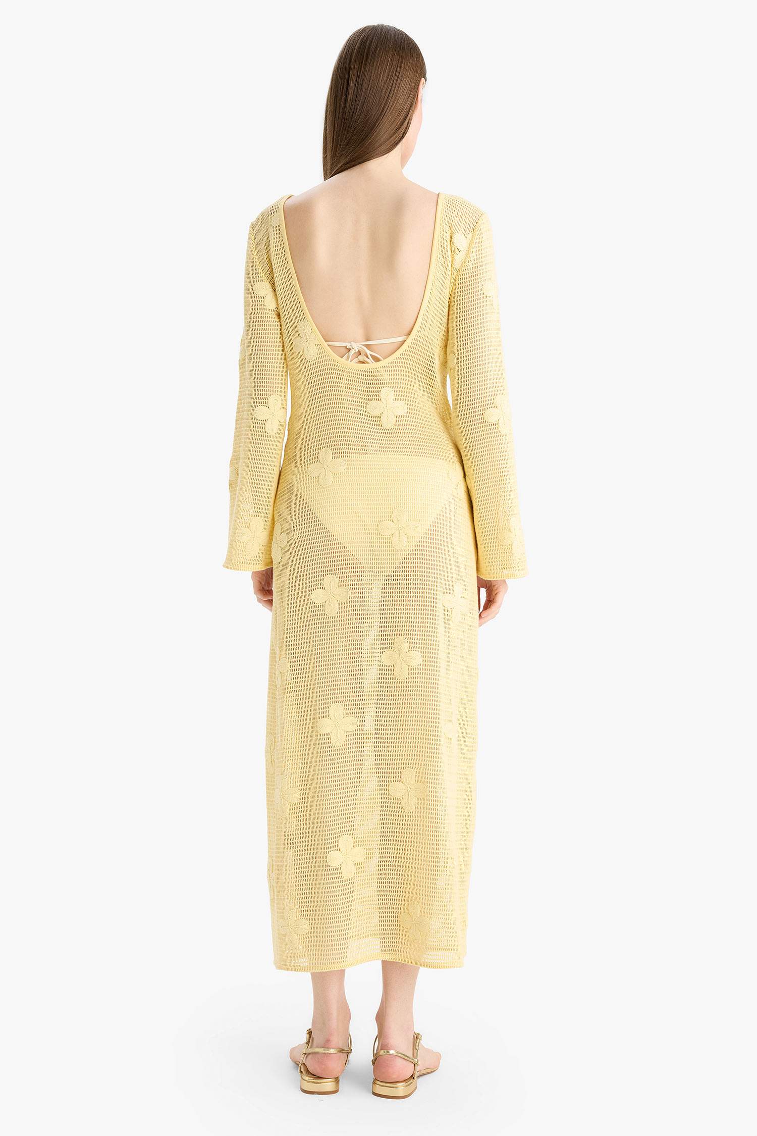 Regular Fit Uzun Kollu Dantelli Maxi Plaj Elbisesi-Fall in Love