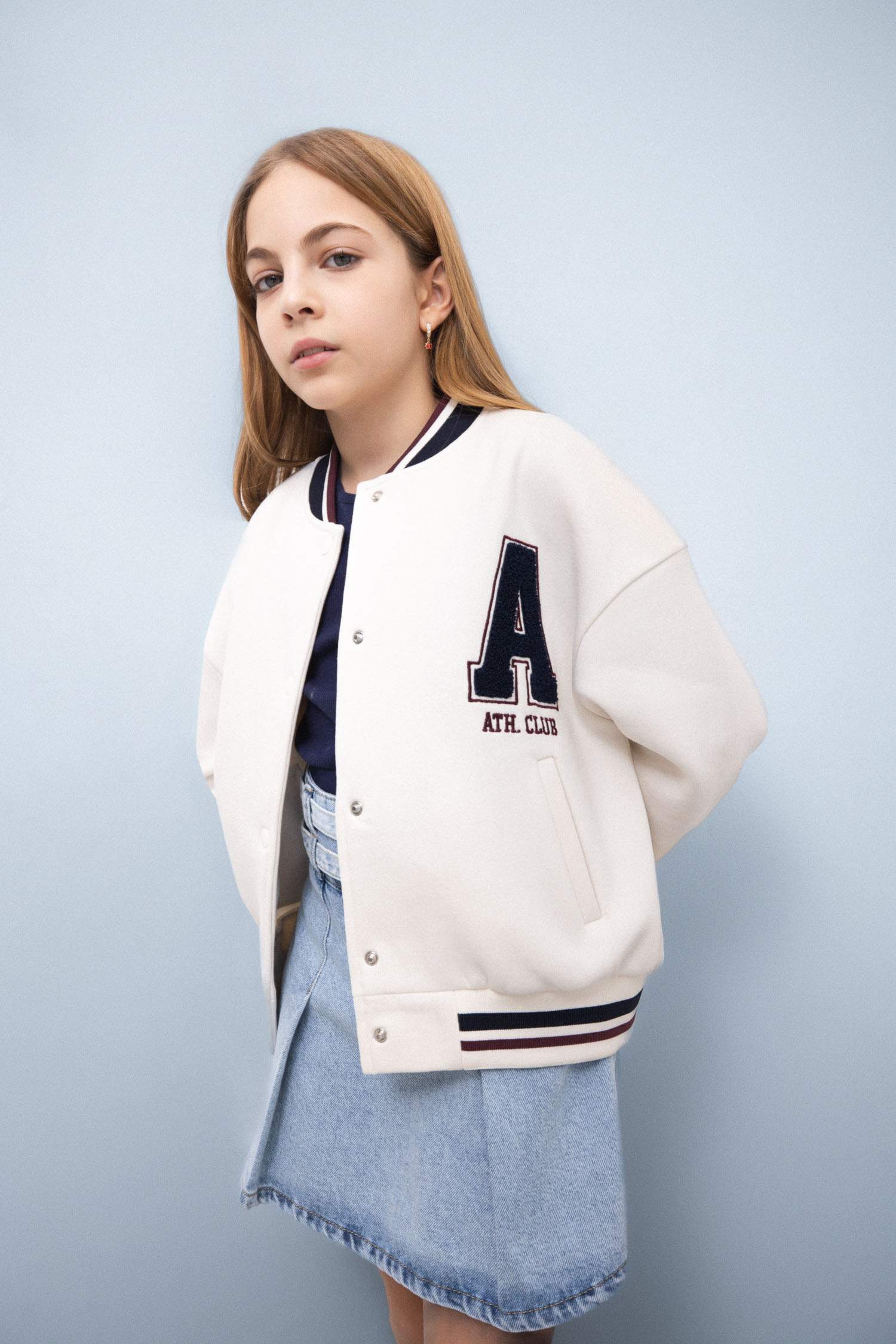 Kız Çocuk Kolej Yaka Çıtçıtlı Sırt Baskılı Bomber Ceket