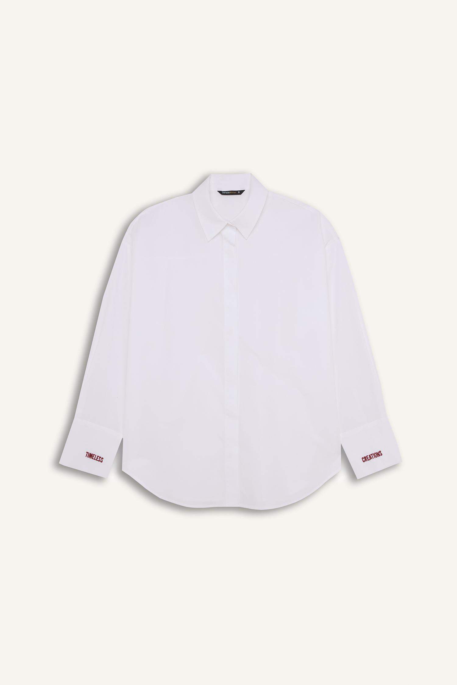 Sorbe x DeFacto Oversize Geniş Kalıp Pamuklu Baskılı Uzun Kollu Beyaz Gömlek