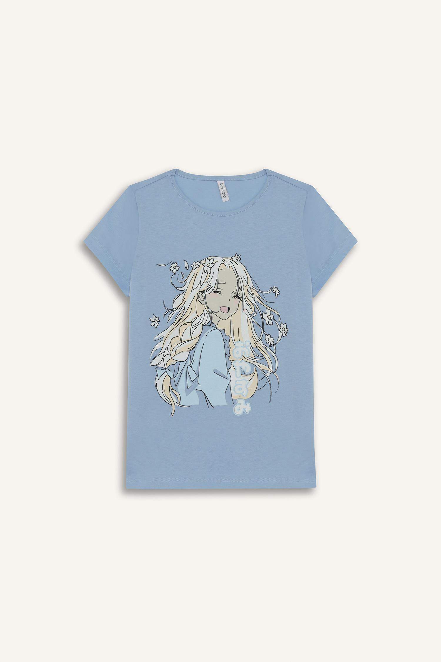 Девочка Пижама Комплект С Принтом и Коротким Рукавом, Шорты на Резинке