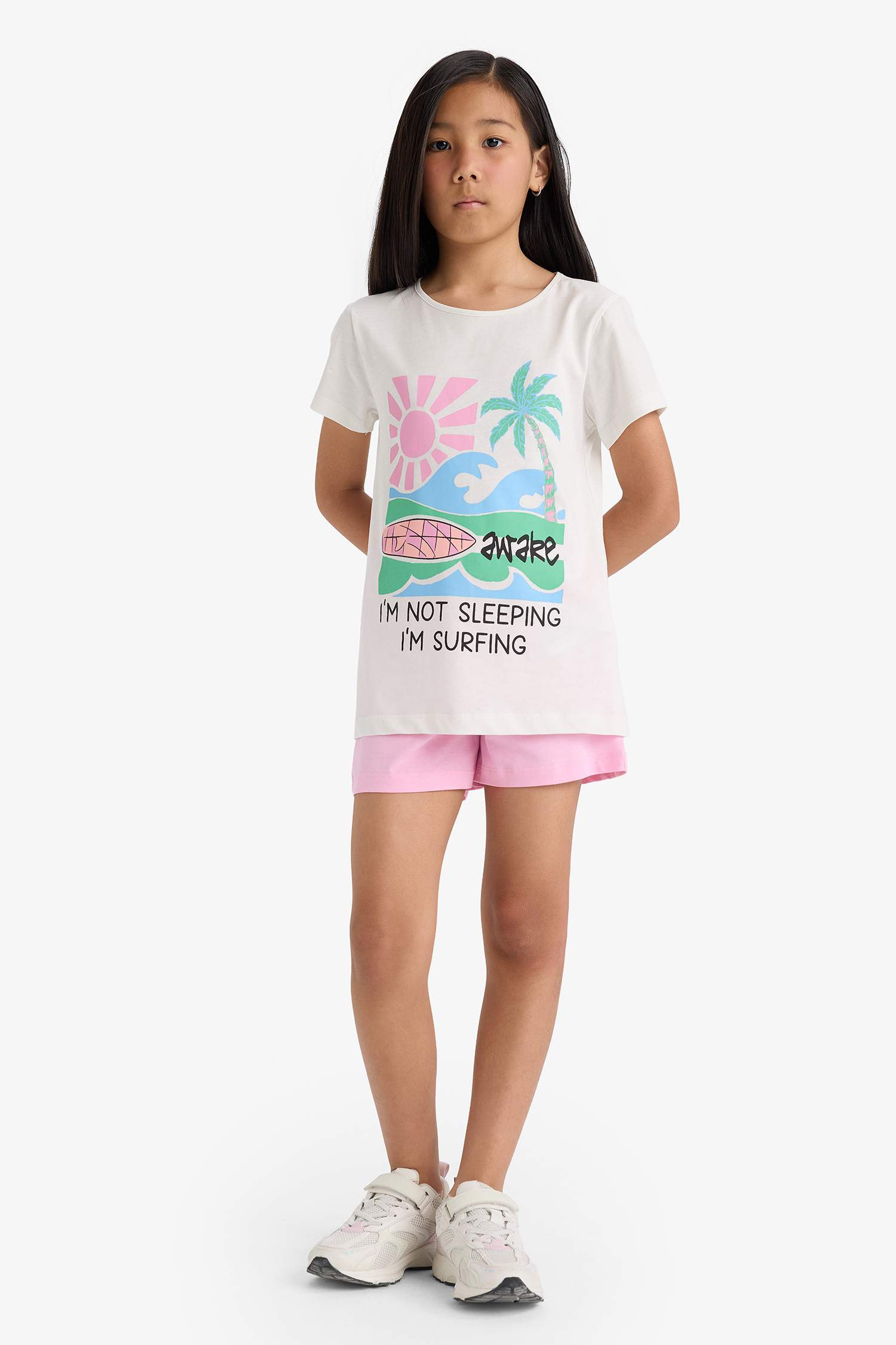 Kız Çocuk Pijama Takımı Baskılı Kısa Kollu Üst Beli Lastikli Şort