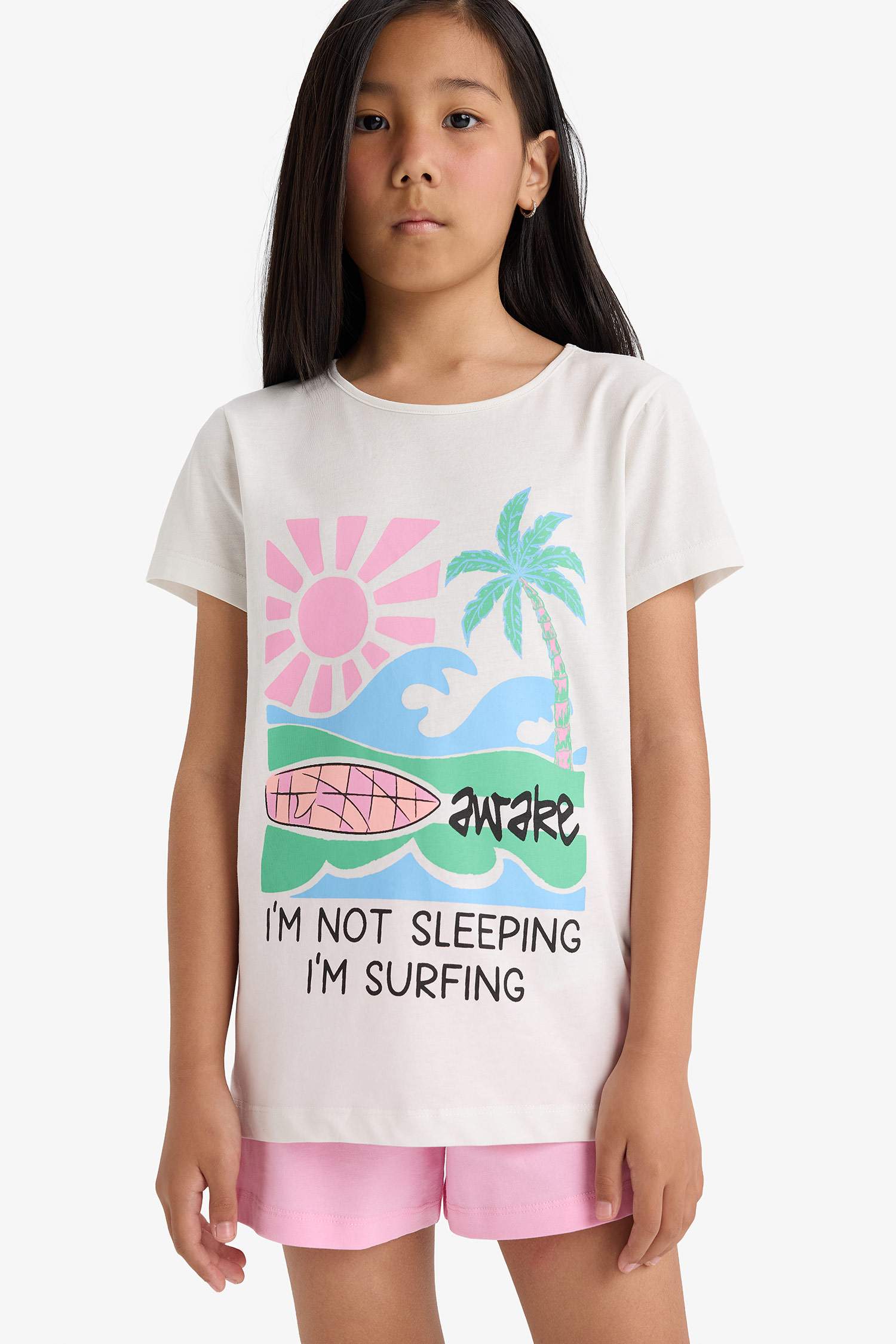 Kız Çocuk Pijama Takımı Baskılı Kısa Kollu Üst Beli Lastikli Şort