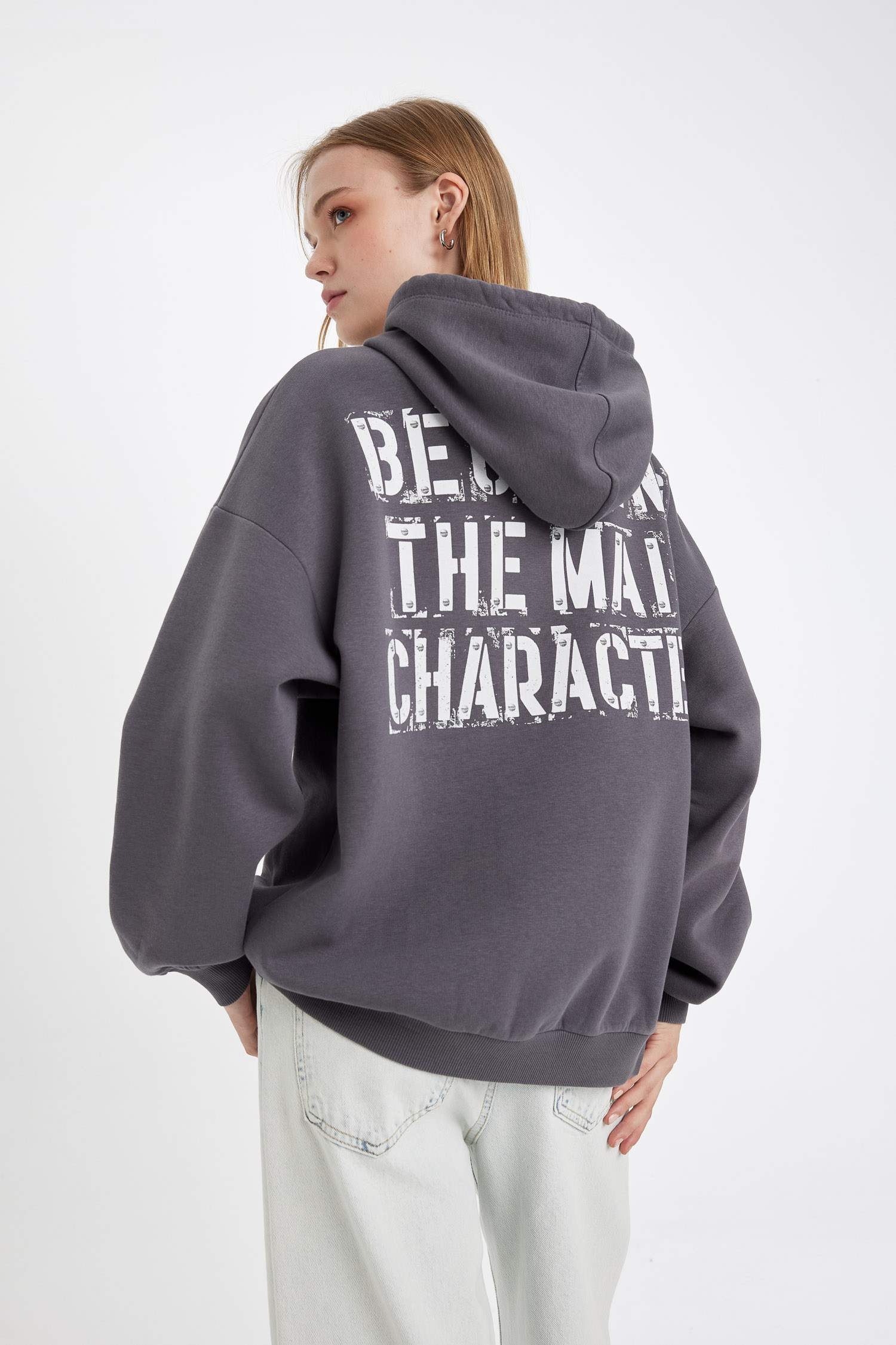 Oversize Geniş Kalıp Kapüşonlu Sırt Baskılı Kalın Sweatshirt