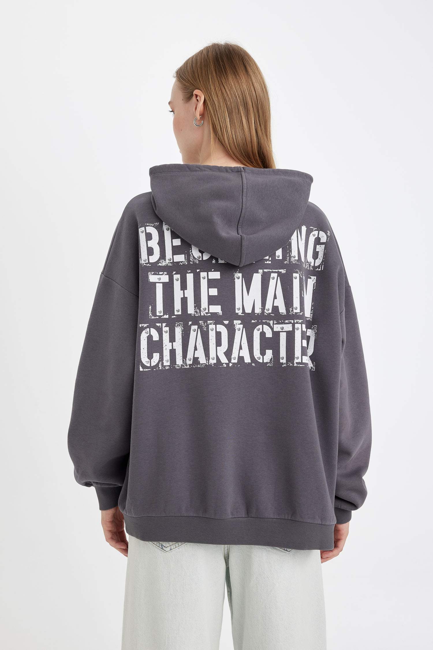 Oversize Geniş Kalıp Kapüşonlu Sırt Baskılı Kalın Sweatshirt