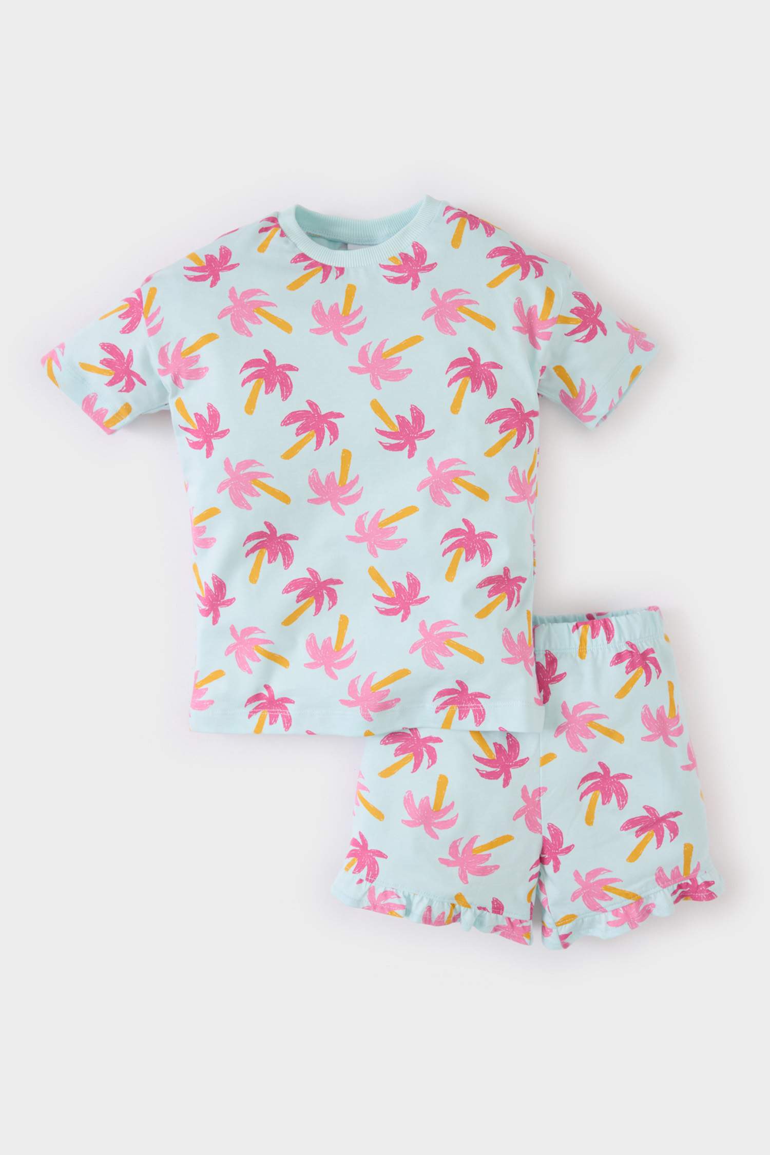 Kız Bebek 2'li Takım Palmiye Desenli Kısa Kollu Tişört Beli Lastikli Şort