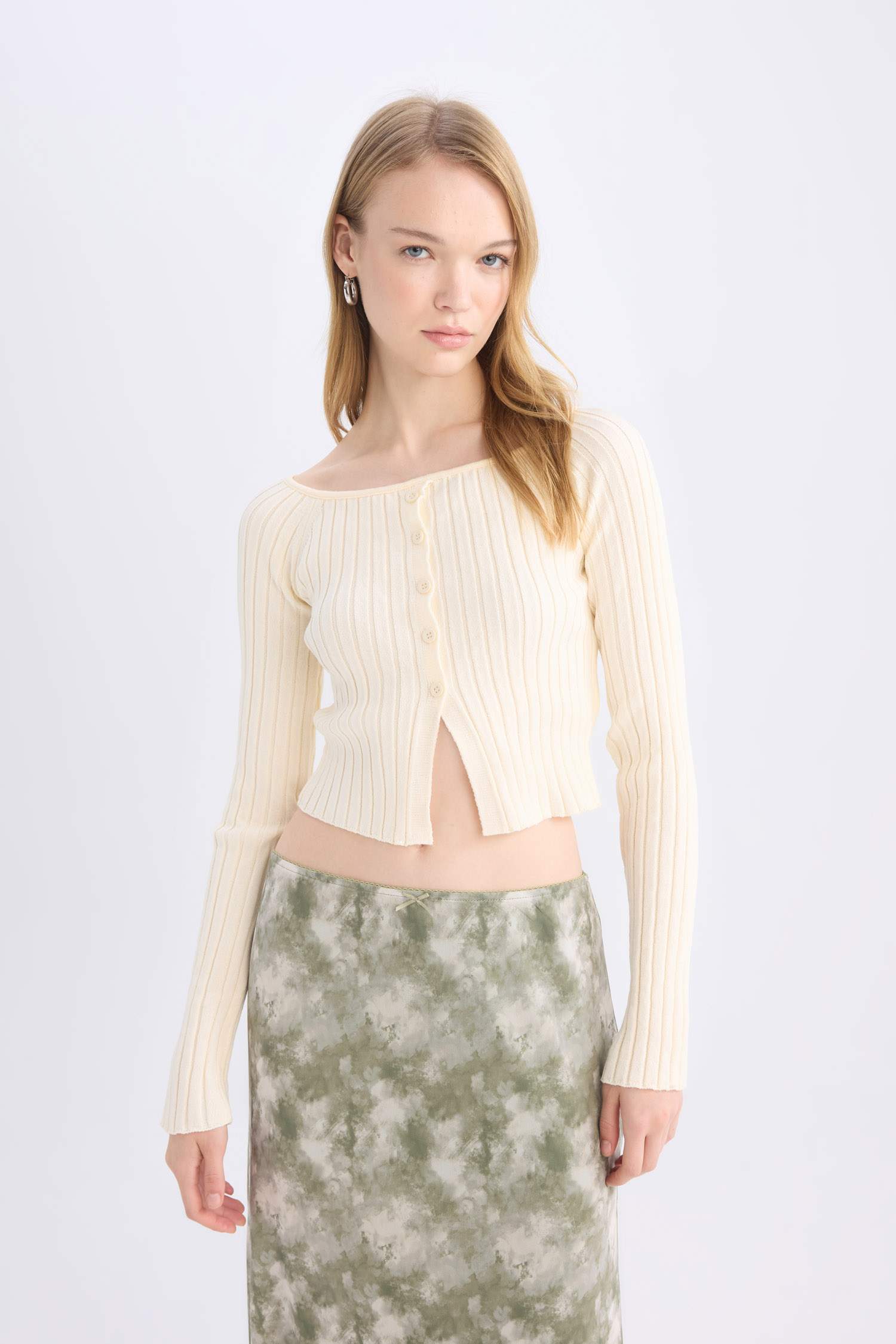 Fitted Açık Omuz Crop Triko Kazak