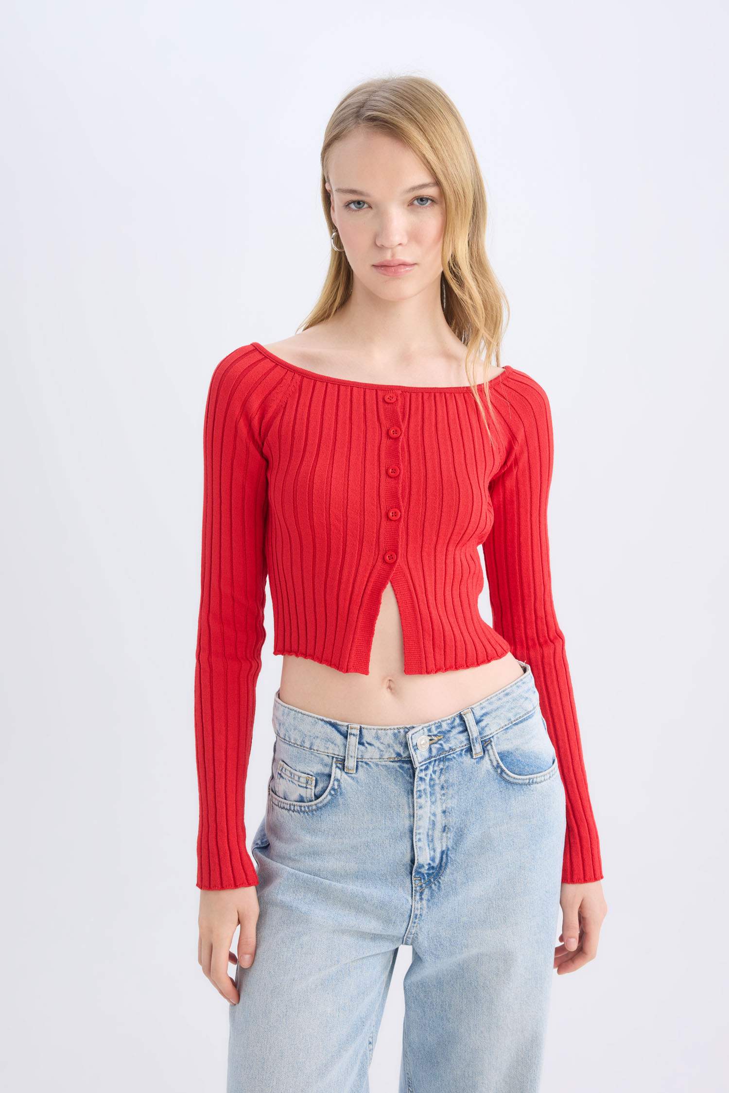 Fitted Açık Omuz Crop Kırmızı Triko Kazak