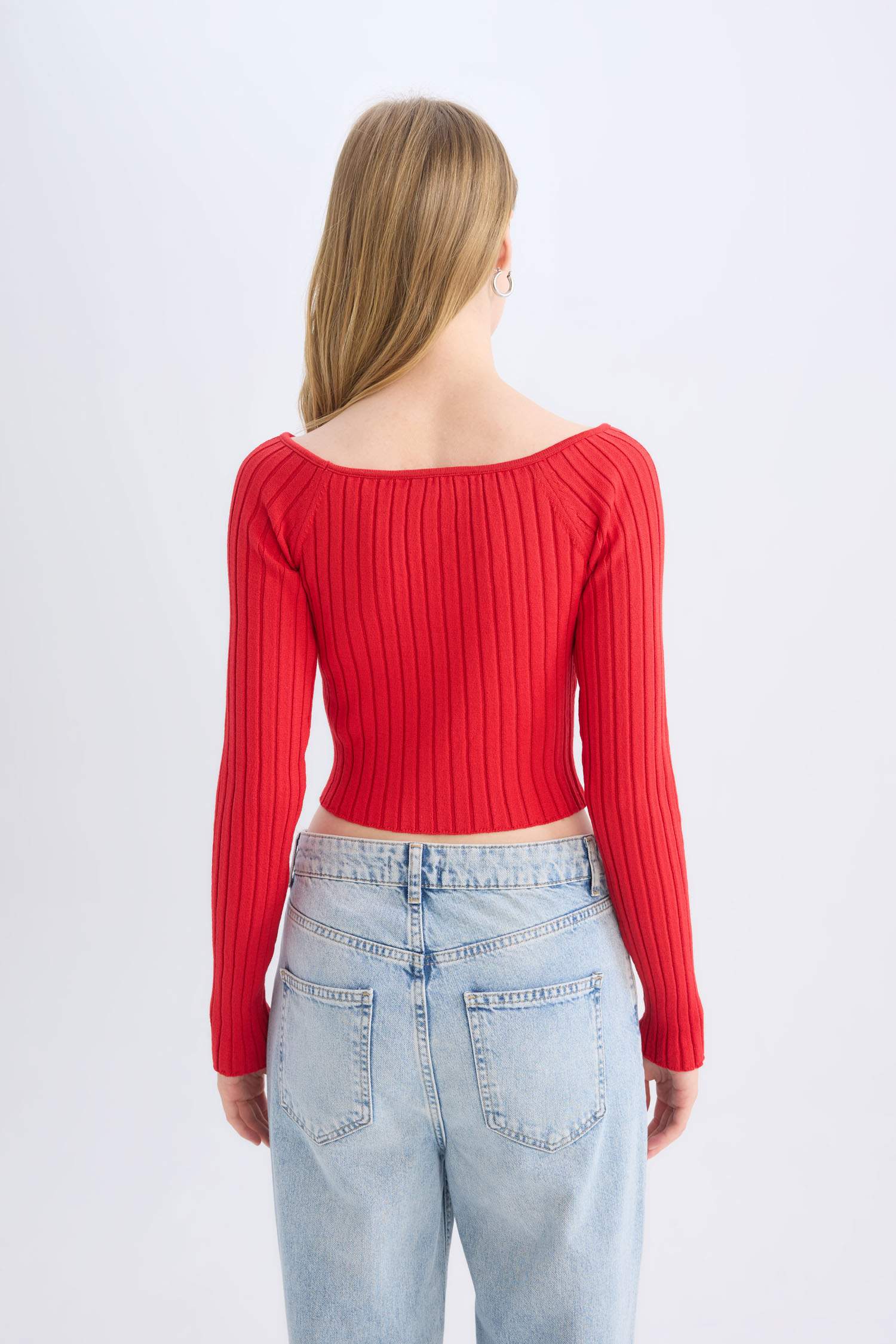 Fitted Açık Omuz Crop Kırmızı Triko Kazak