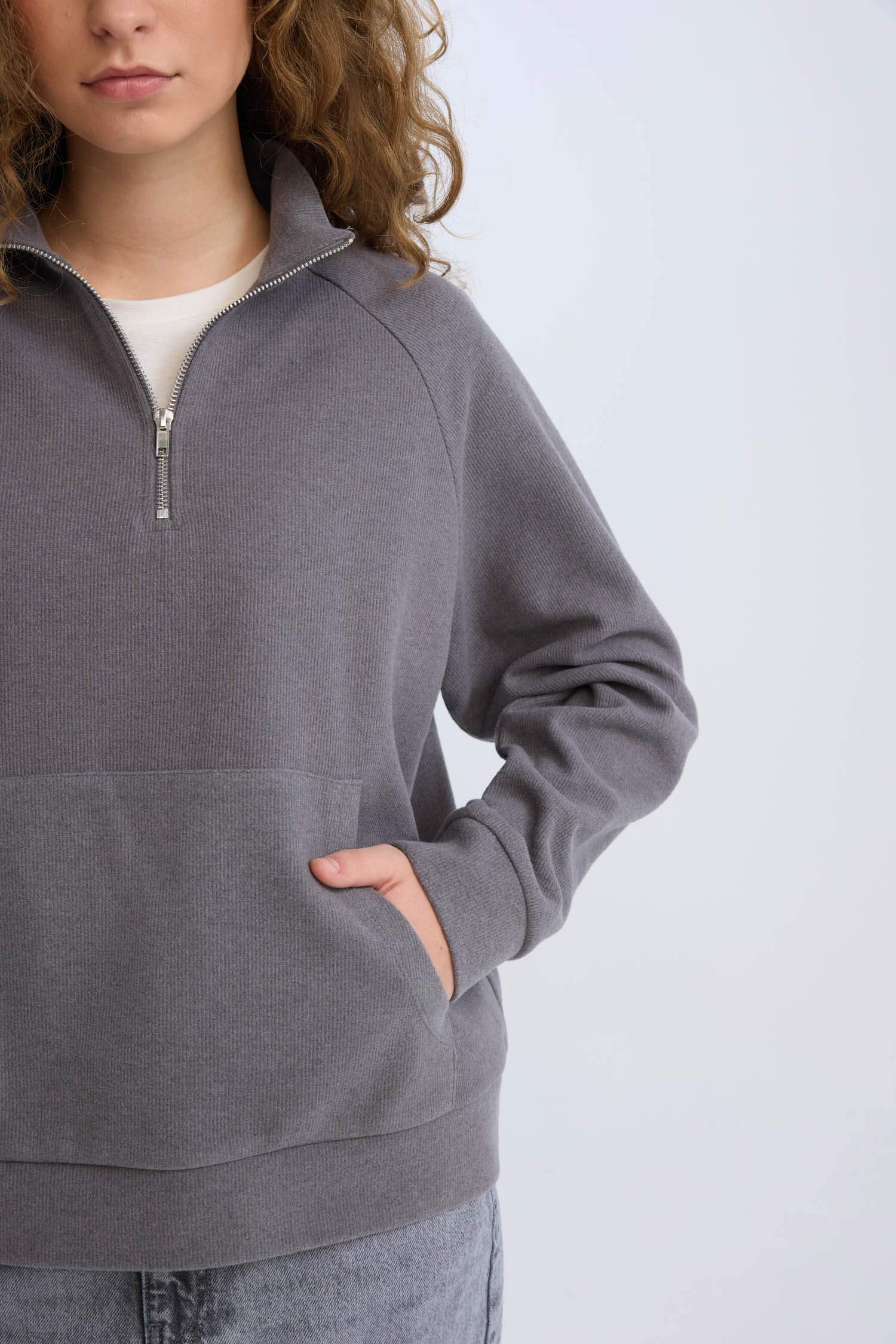 Oversize Geniş Kalıp Basic Düz Kanguru Cepli Fermuarlı Polo Yaka Sweatshirt