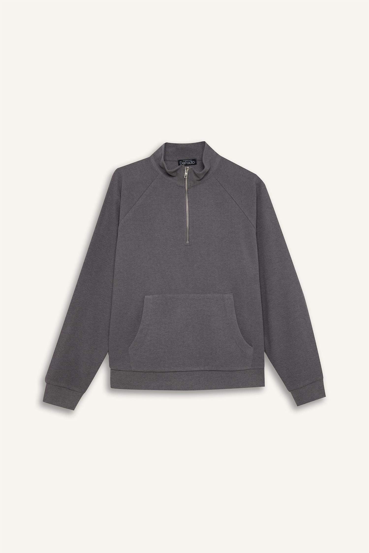 Oversize Geniş Kalıp Basic Düz Kanguru Cepli Fermuarlı Polo Yaka Sweatshirt