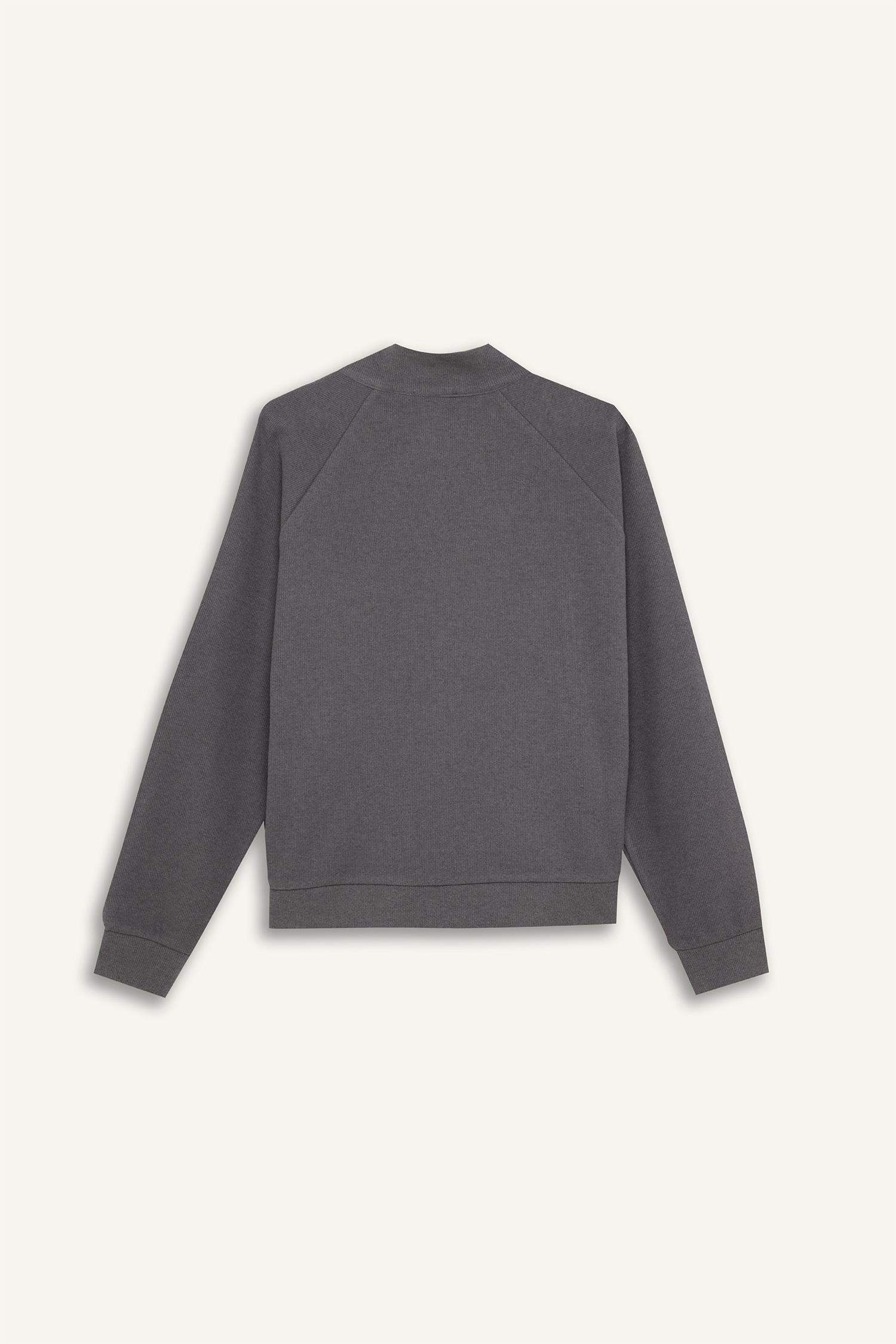 Oversize Geniş Kalıp Basic Düz Kanguru Cepli Fermuarlı Polo Yaka Sweatshirt