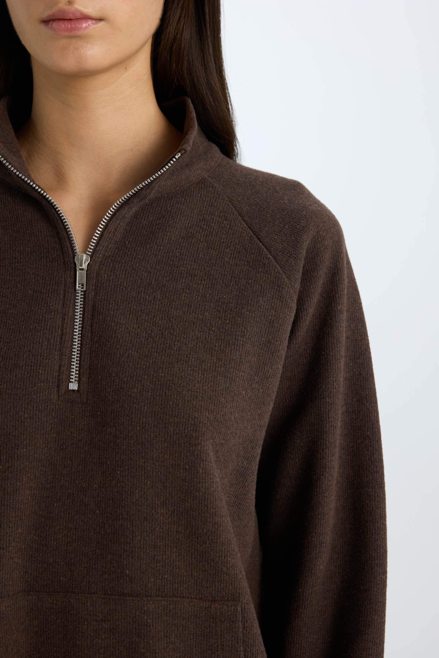 Oversize Geniş Kalıp Basic Düz Kanguru Cepli Fermuarlı Polo Yaka Sweatshirt